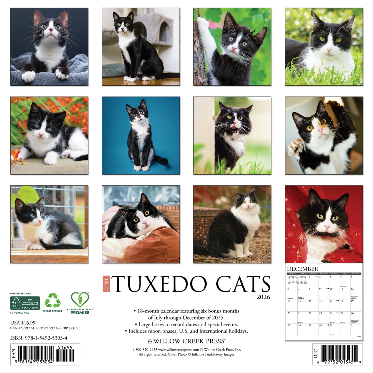 2026 Willow Creek Press Animals Monthly Wall Calendar, 12in x 12in, Tuxedo Cats, January To December, 53034 - Image 6