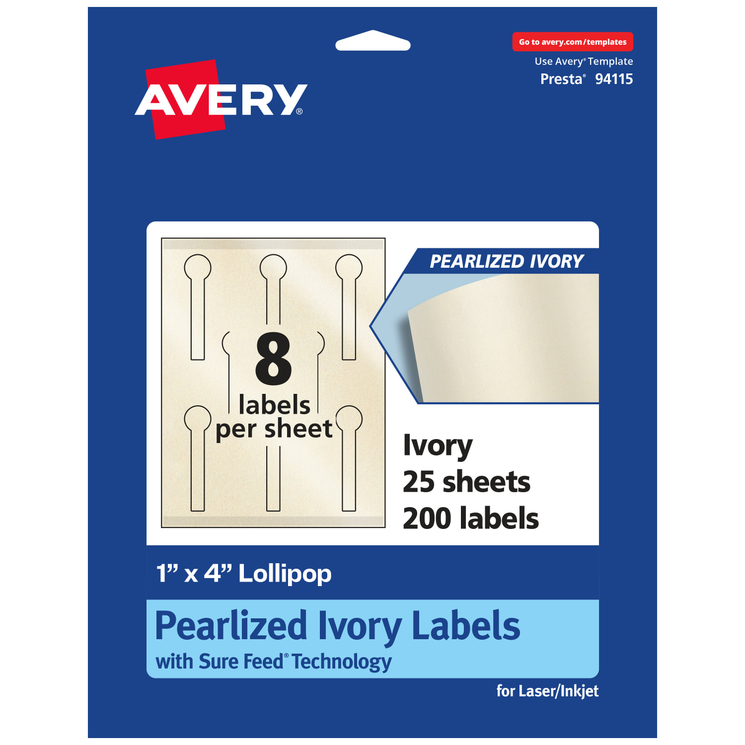 Avery Pearlized Permanent Labels With Sure Feed, 94115-PIP25, Lollipop, 1in x 4in, Ivory, Pack Of 200 Labels