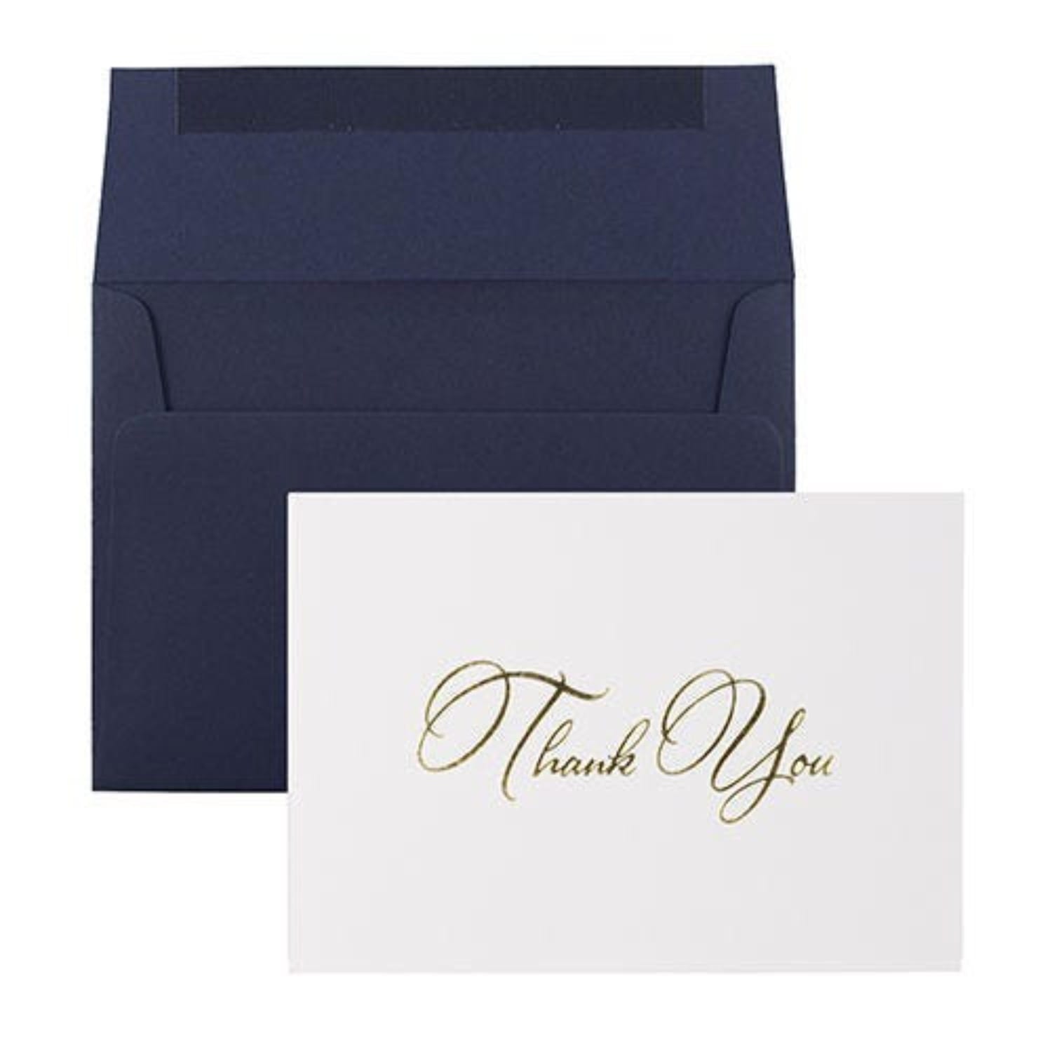 JAM Paper Thank You Card Sets, 4-7/8in x 3-3/8in, White Cards With Gold Script And Navy Blue Envelopes, Pack Of 25 Cards And Envelopes