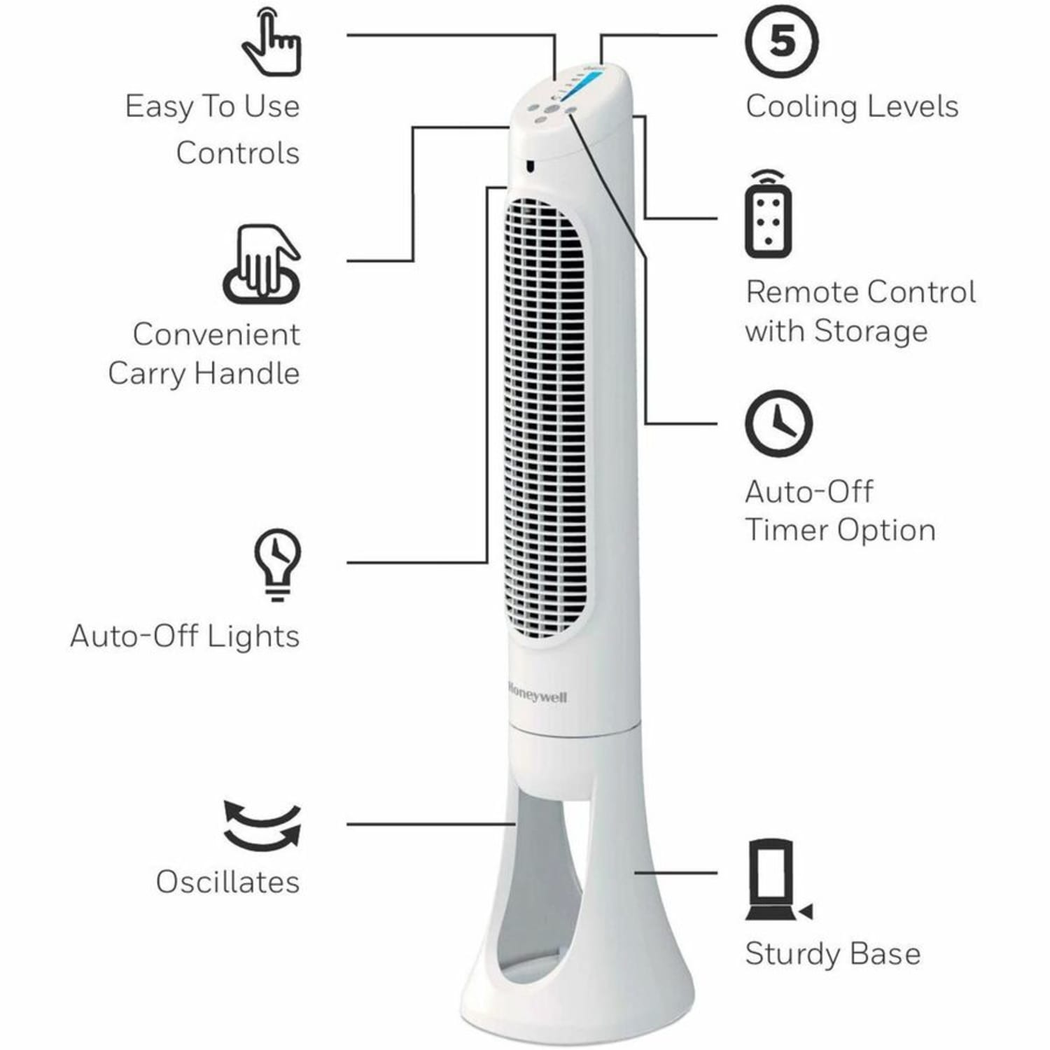 Honeywell QuietSet 5 Tower Fan - 5 Speed - Oscillating, Remote, Timer-off Function, Quiet, Sturdy, Electronic Control Panel, Touch Operation - Image 4