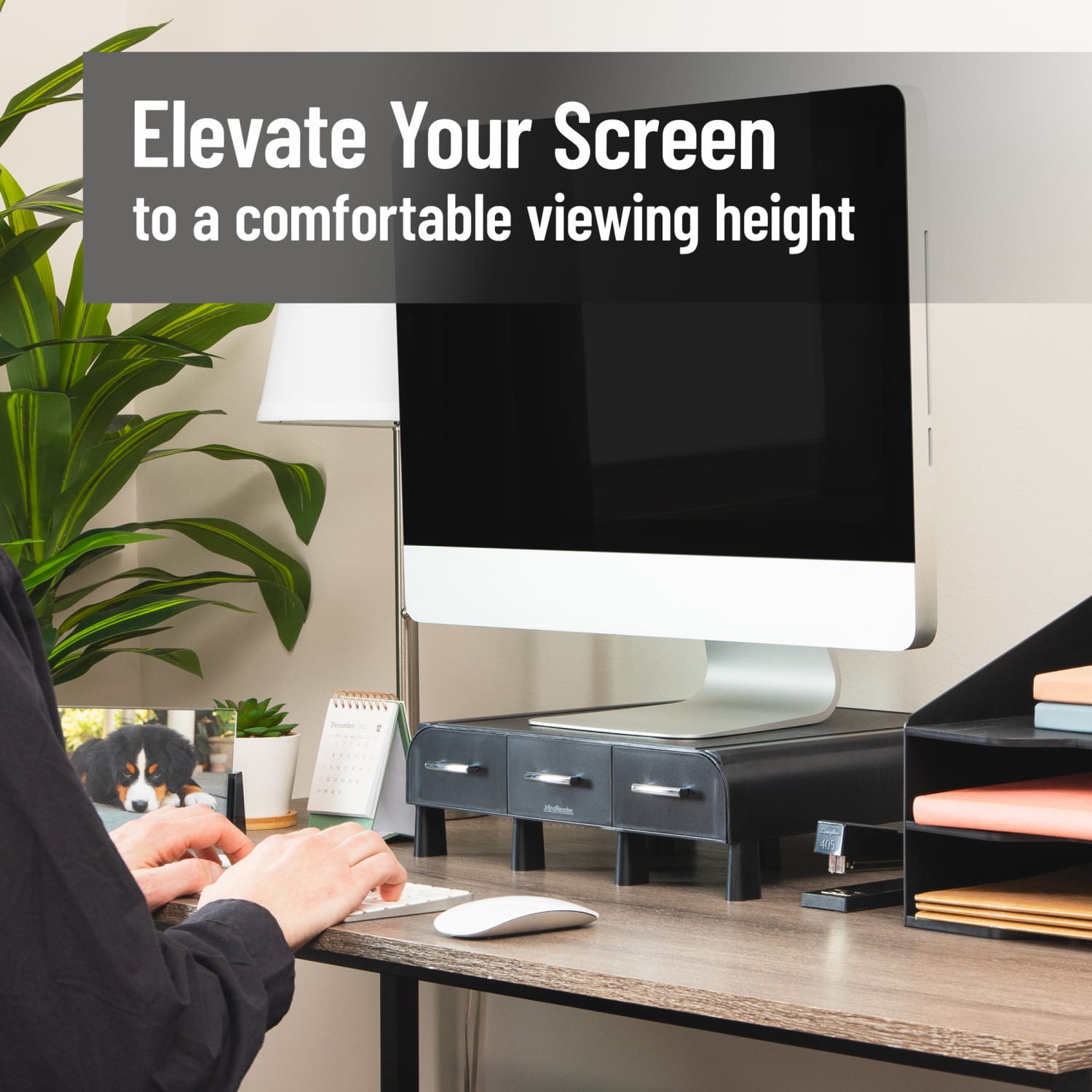 Mind Reader Monitor Stand 3 Storage Drawers Desktop Organizers, 4inH x 13inW x 13-1/2inD, Black, Set of 2 Stands - Image 3