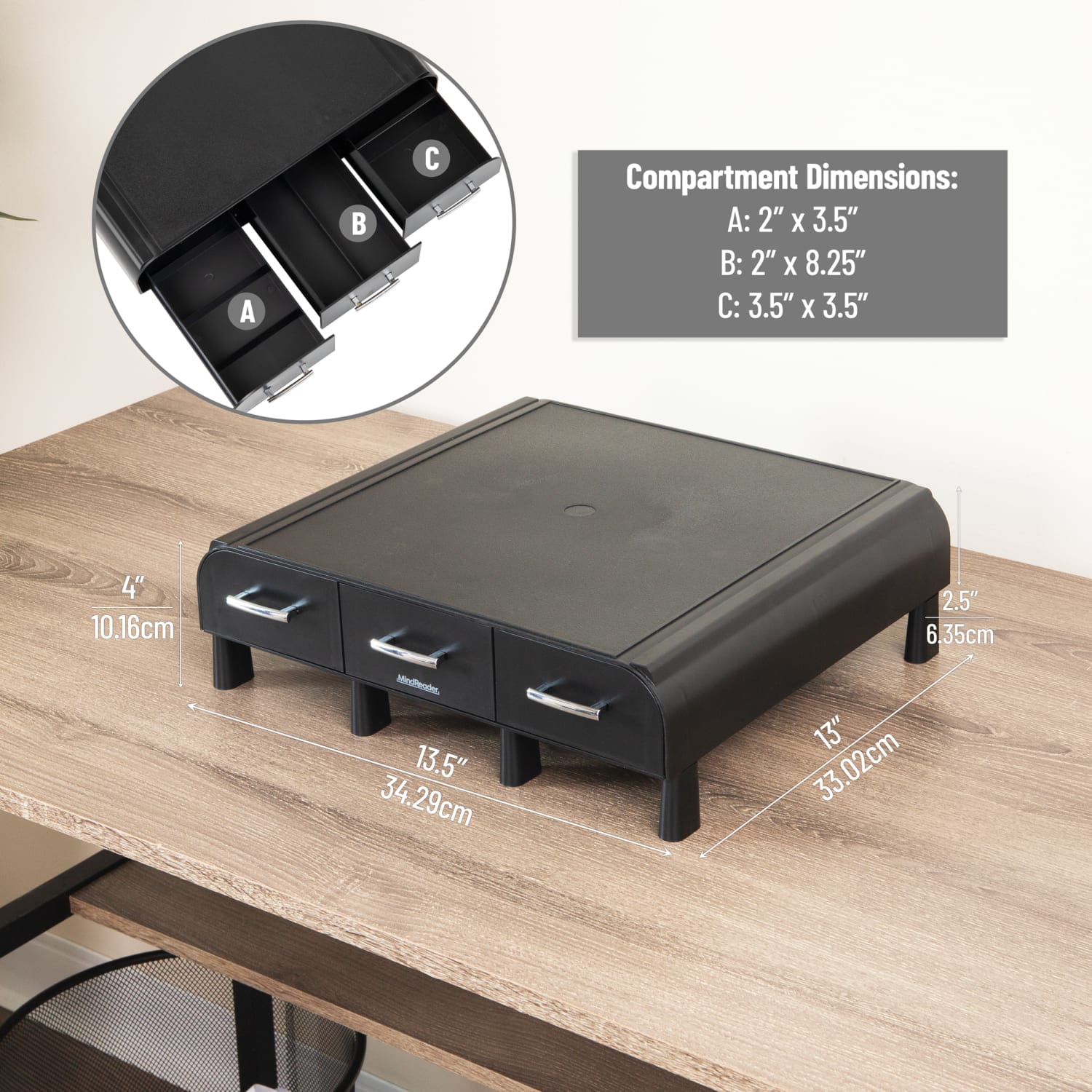 Mind Reader Monitor Stand 3 Storage Drawers Desktop Organizers, 4inH x 13inW x 13-1/2inD, Black, Set of 2 Stands - Image 4