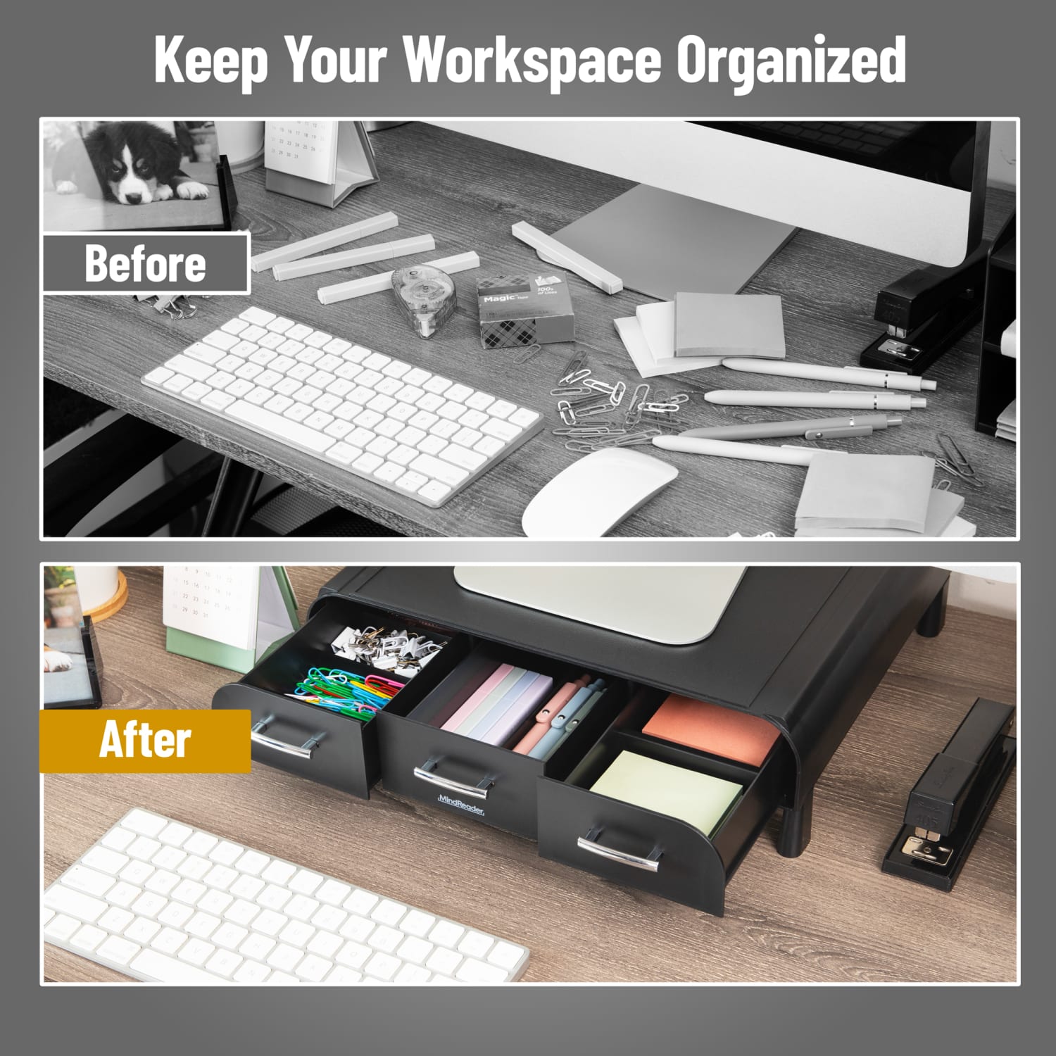 Mind Reader Monitor Stand 3 Storage Drawers Desktop Organizers, 4inH x 13inW x 13-1/2inD, Black, Set of 2 Stands - Image 6