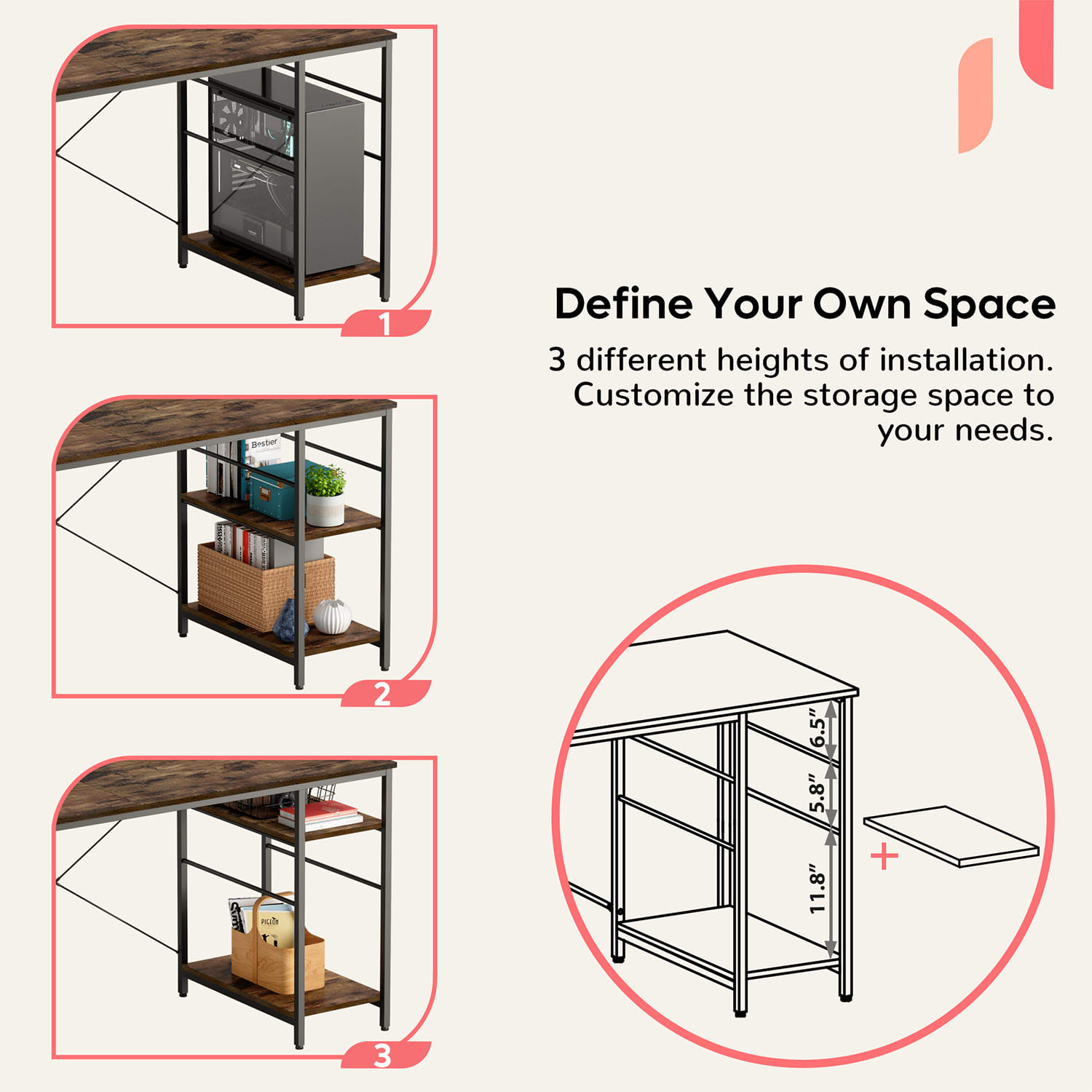 Bestier L-Shaped Corner Computer Desk With Storage Shelf, 3 Cable Holes, 56inW, Rustic Brown - Image 3