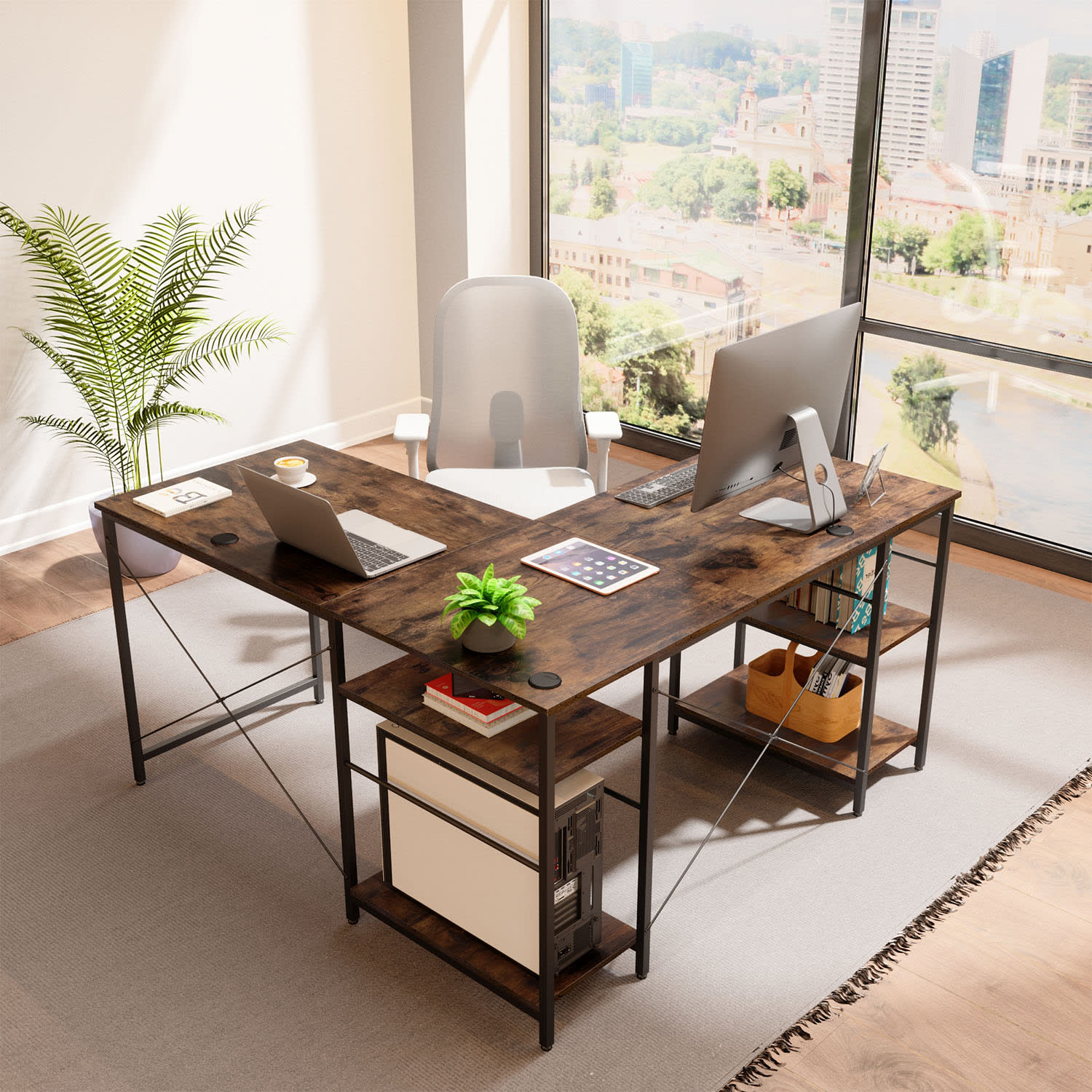 Bestier L-Shaped Corner Computer Desk With Storage Shelf, 3 Cable Holes, 56inW, Rustic Brown - Image 6