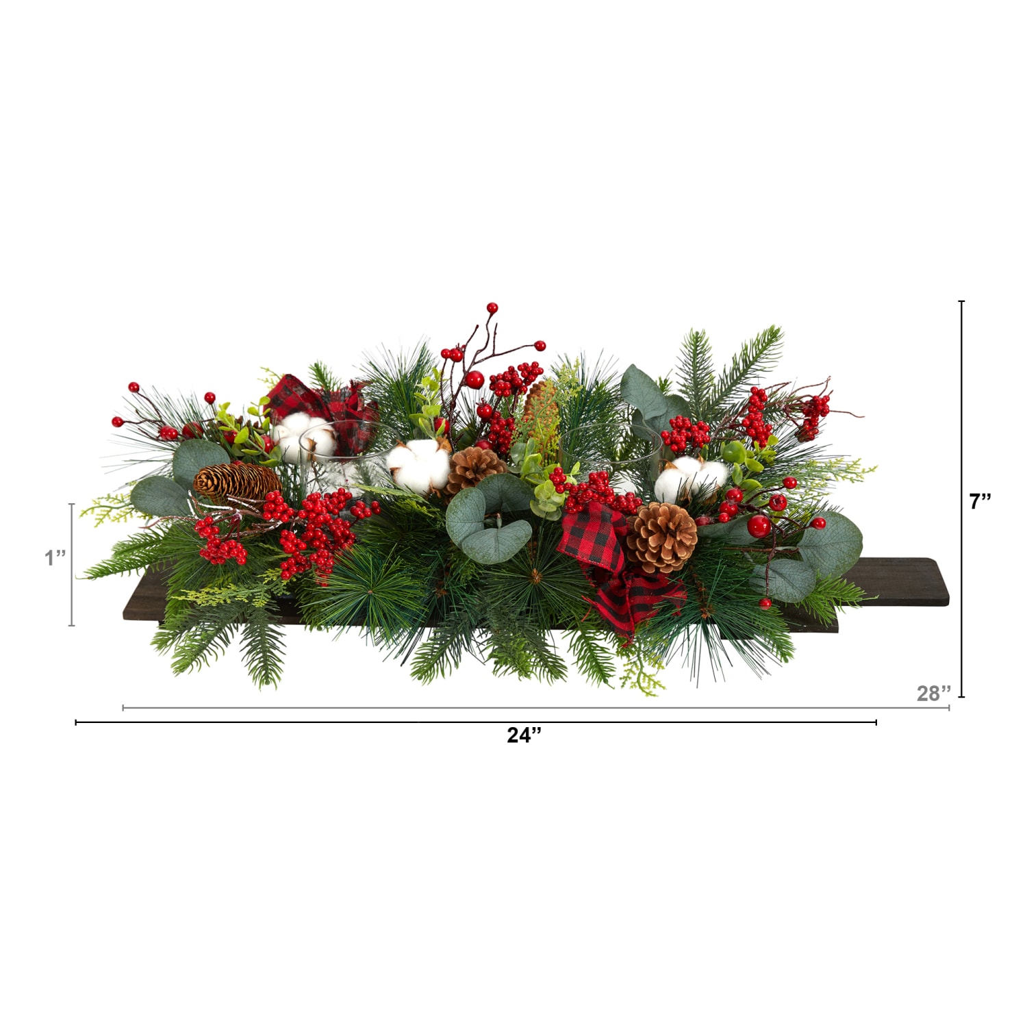 Nearly Natural 7inH Holiday Berries, Pine Cones And Eucalyptus Christmas Artificial Arrangement, 7inH x 24inW x 12inD, Brown/Green - Image 3