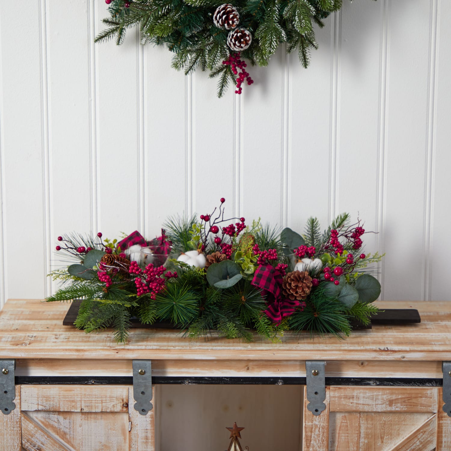 Nearly Natural 7inH Holiday Berries, Pine Cones And Eucalyptus Christmas Artificial Arrangement, 7inH x 24inW x 12inD, Brown/Green - Image 5