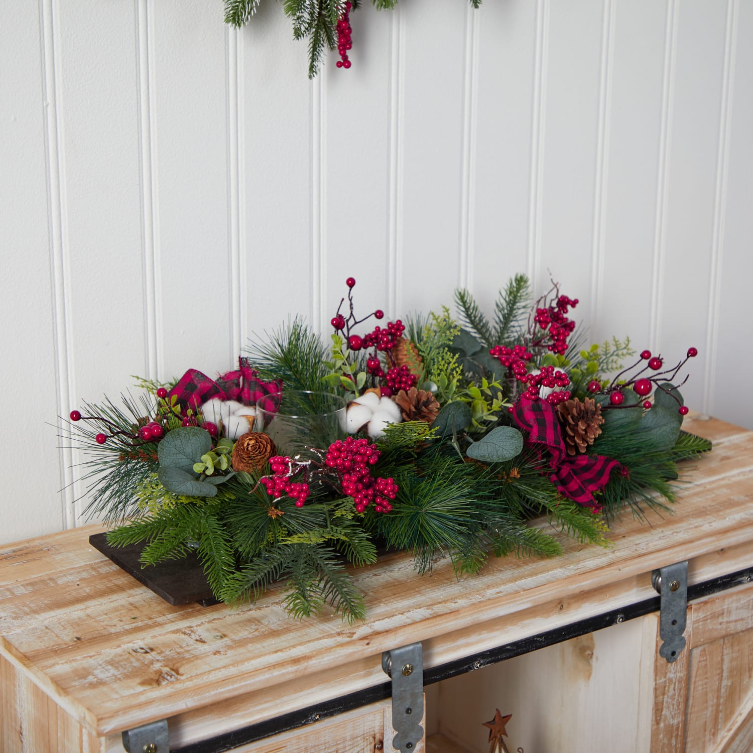Nearly Natural 7inH Holiday Berries, Pine Cones And Eucalyptus Christmas Artificial Arrangement, 7inH x 24inW x 12inD, Brown/Green - Image 6