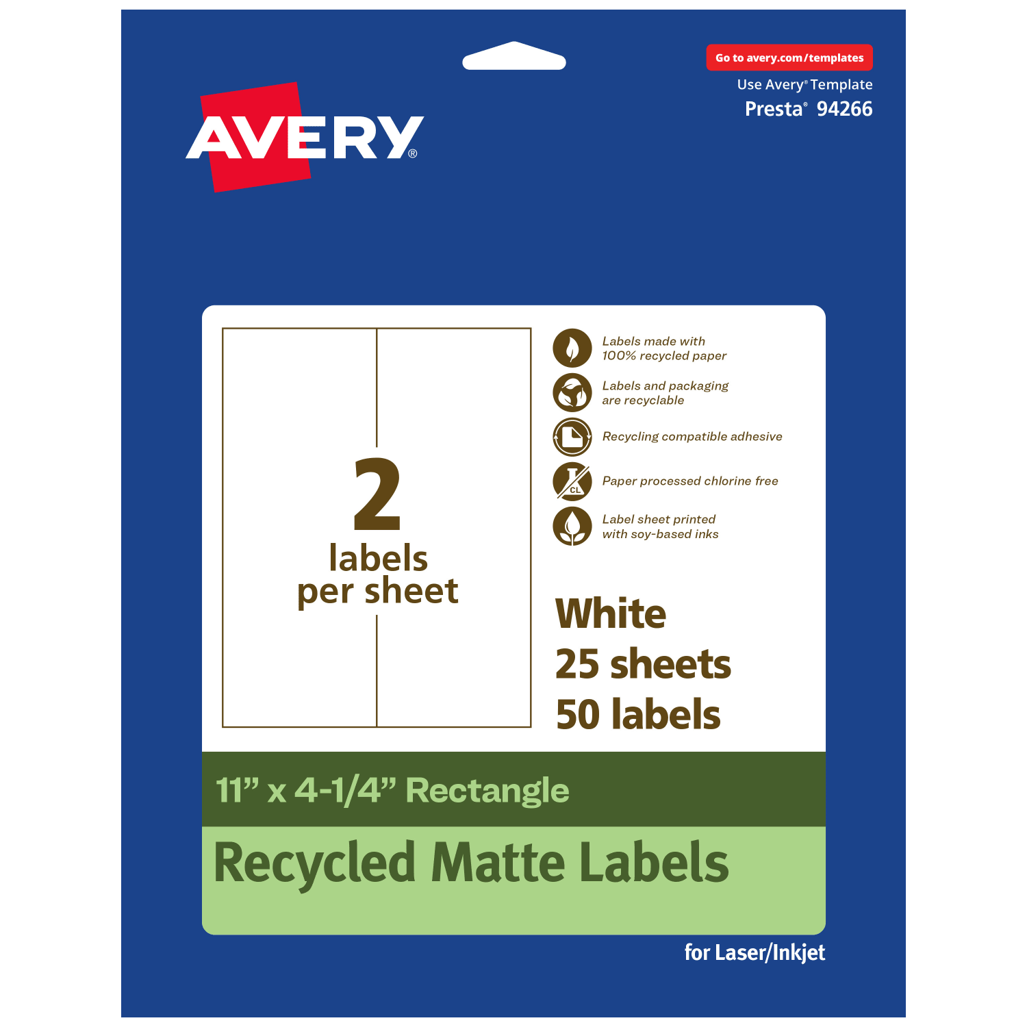 Avery Recycled Paper Labels, 94266-EWMP25, Rectangle, 11in x 4-1/4in, White, Pack Of 50