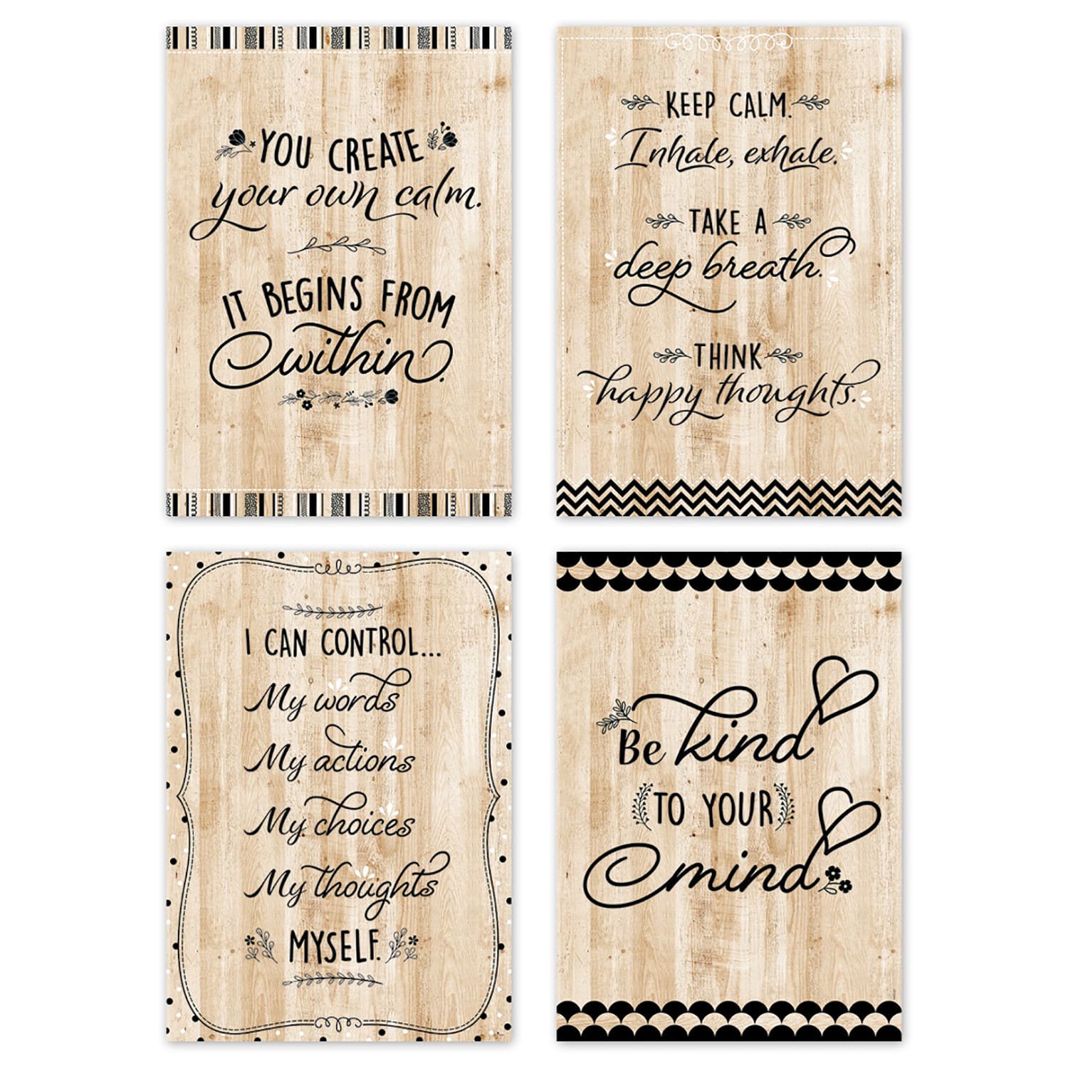 Creative Teaching Press Core Decor Black, White And Wood Inspire U Posters, 13-3/8in x 19in, Multicolor, Pack Of 4 Posters