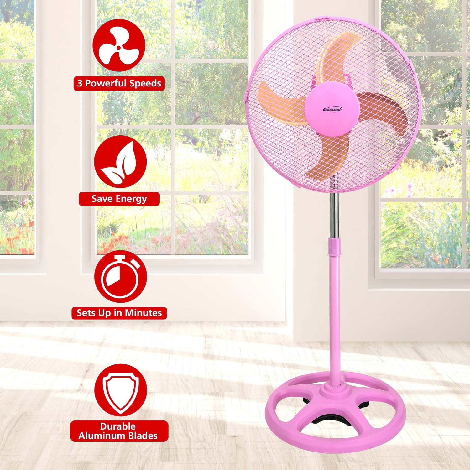 Brentwood 12in 3-Speed Adjustable Oscillating Stand Fan, 35in x 13in, Pink - Image 3