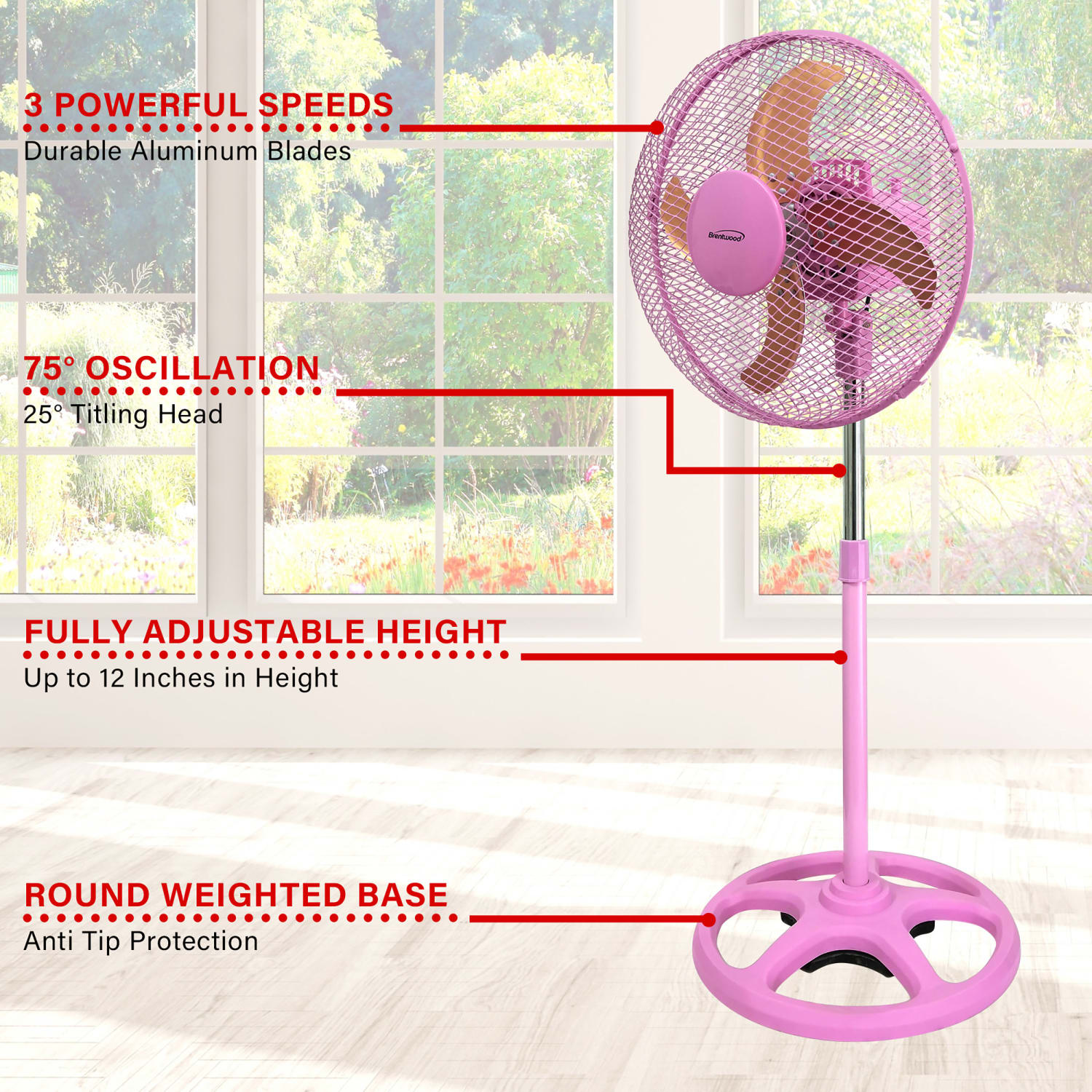 Brentwood 12in 3-Speed Adjustable Oscillating Stand Fan, 35in x 13in, Pink - Image 4