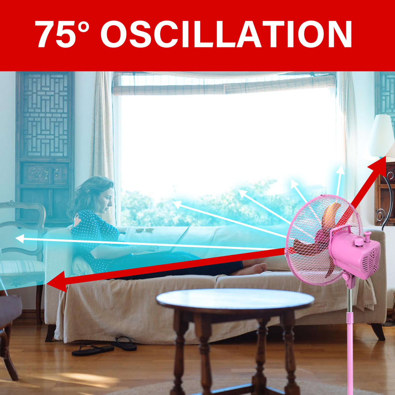 Brentwood 12in 3-Speed Adjustable Oscillating Stand Fan, 35in x 13in, Pink - Image 6