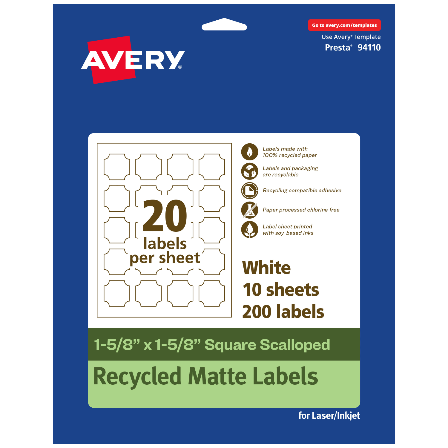 Avery Recycled Paper Labels, 94110-EWMP10, Square Scalloped, 1-5/8in x 1-5/8in, White, Pack Of 200
