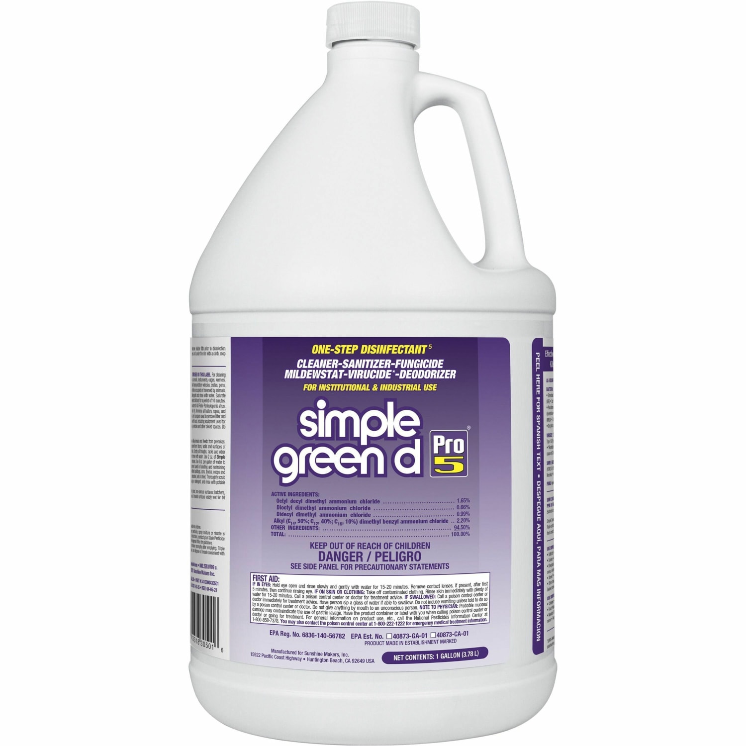Simple Green D Pro 5 One-Step Disinfectant - Concentrate - 128 fl oz (4 quart) - Disinfectant, Unscented, Dye-free - Clear - 4 / Carton