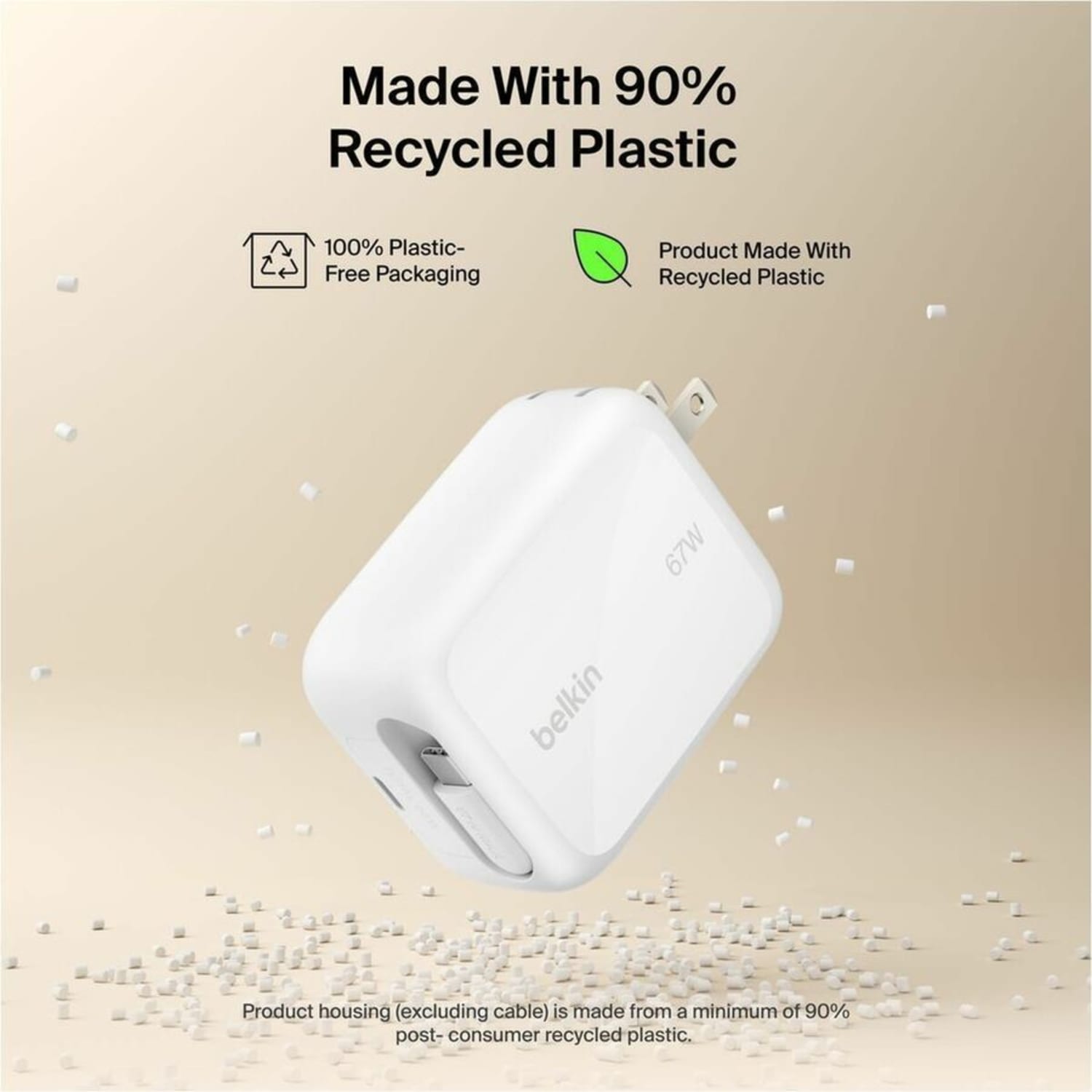 Belkin 67W GaN USB-C Wall Charger w/ 3.3 ft Retractable USB-C Cable - 1xUSB-C - Fast Charger - Power Adapter - White - 67 W - 3.30 ft Cable - White - Image 5