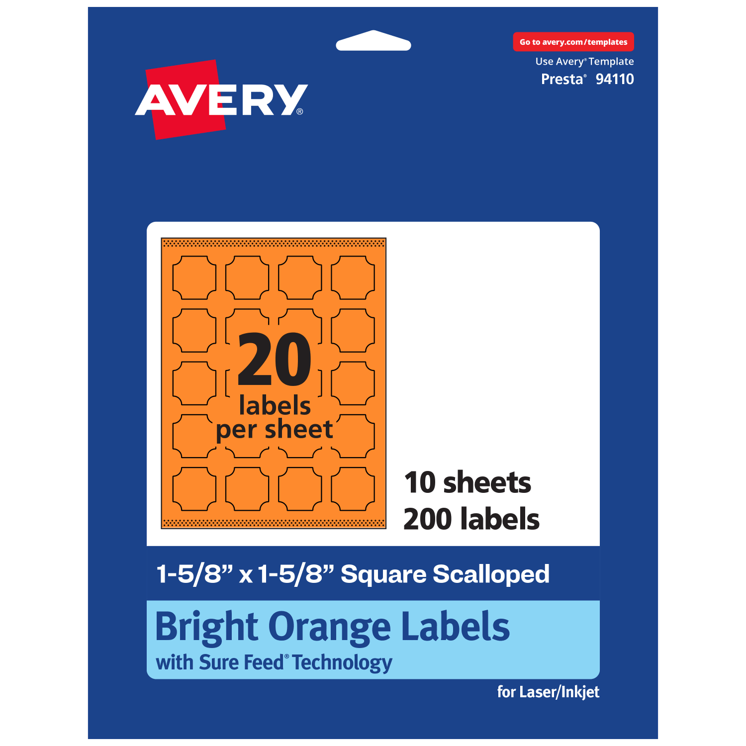 Avery Print-To-The-Edge Labels With Sure Feed Technology, 94110-BOP10, Square Scalloped, 1-5/8in x 1-5/8in, Matte Bright Orange, Pack of 200
