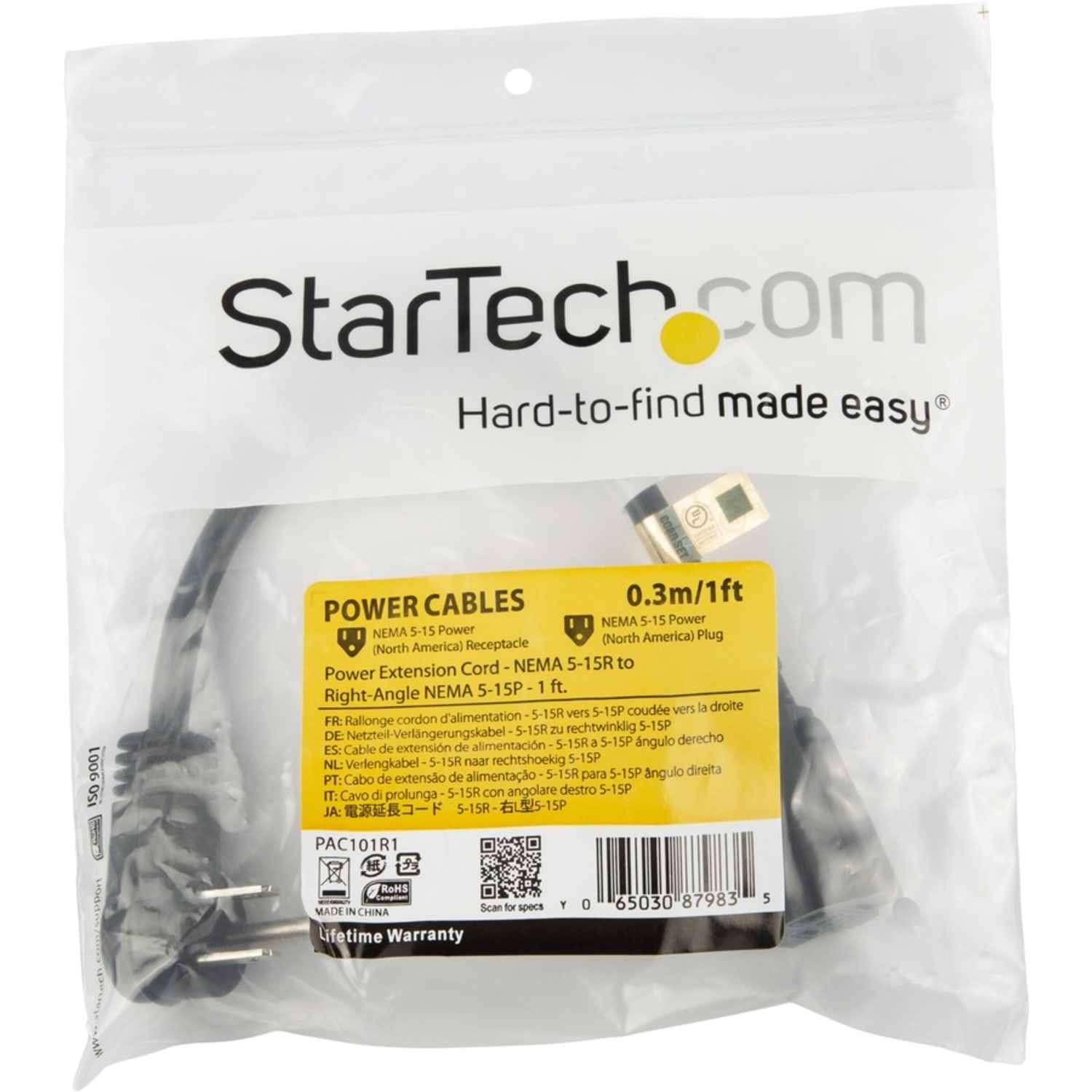 StarTech.com 1 ft Flat Extension Cord - NEMA 5-15R to NEMA Right-Angle 5-15P Power Cable - Low Profile Extension Cord - Right Angle Power Cord - Image 6