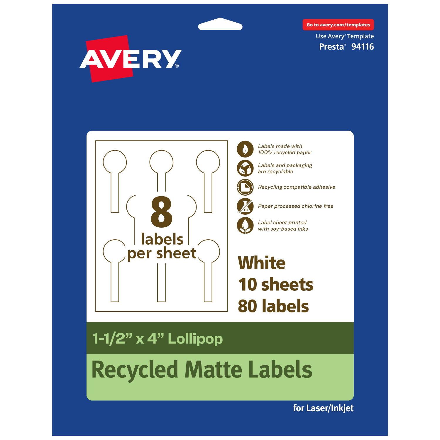 Avery Recycled Paper Labels, 94116-EWMP10, Lollipop, 1-1/2in x 4in, White, Pack Of 80