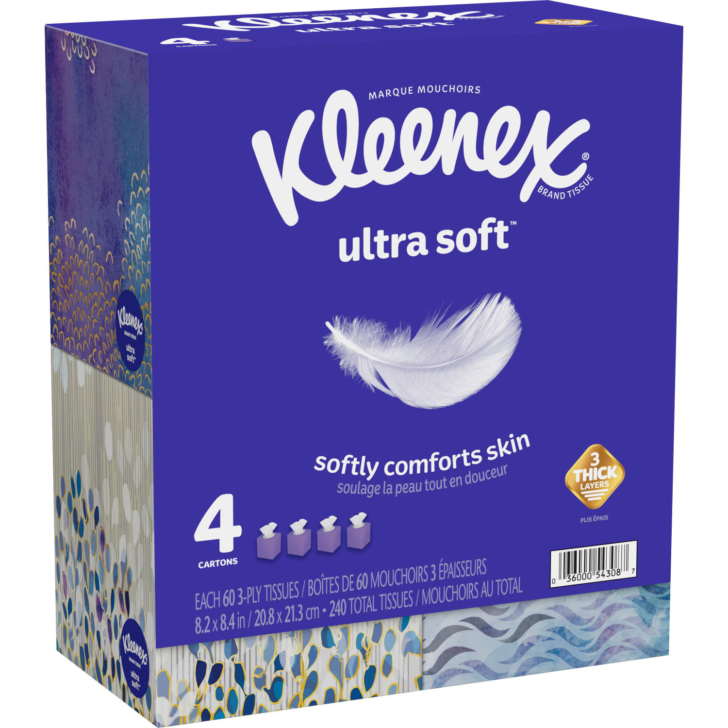 Kleenex Ultra Soft 3-Ply Unscented Tissues, 8-1/4in x 8-7/16in, 65 Per Box, Pack Of 4 Boxes