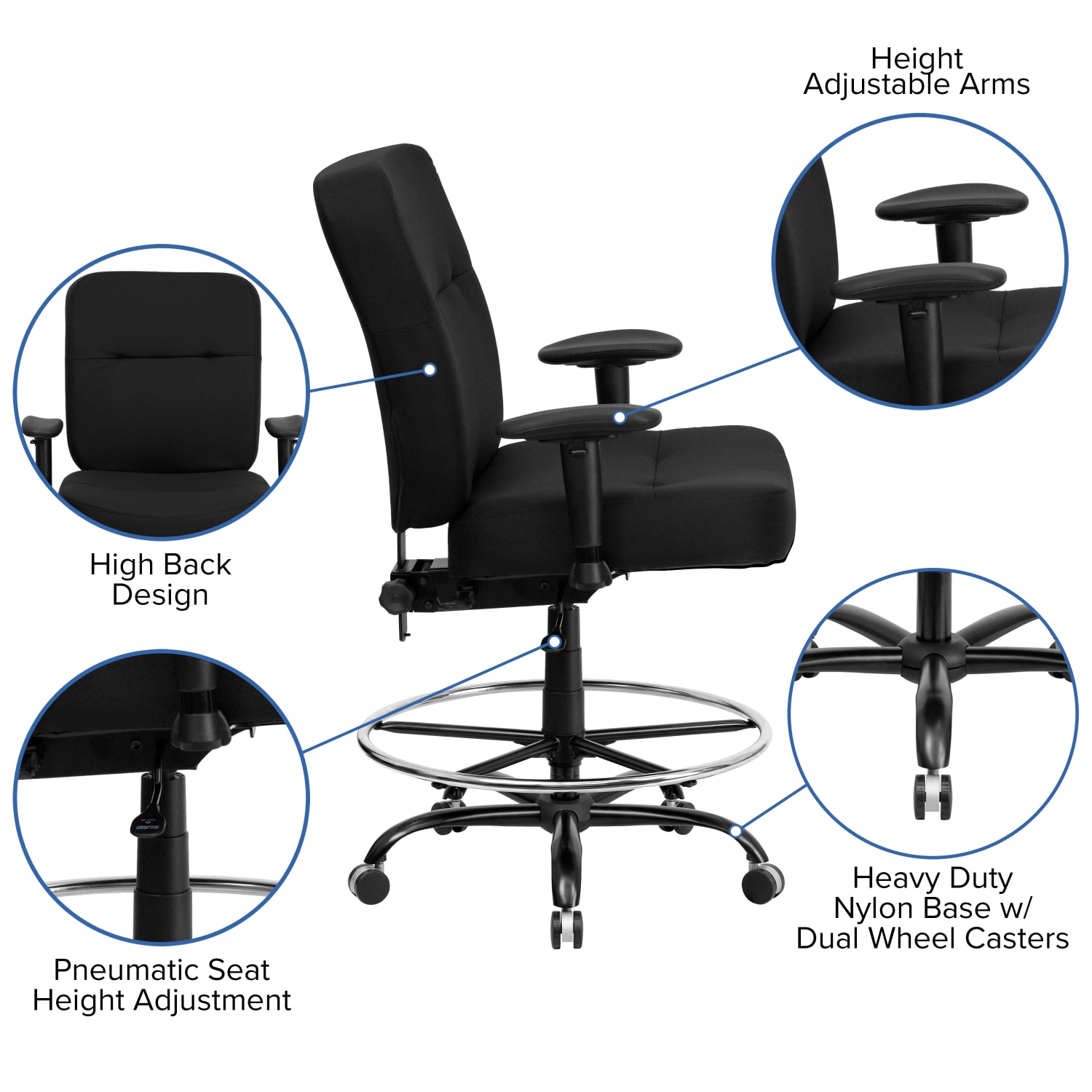 Flash Furniture HERCULES Series Big & Tall 400 lb. Rated Ergonomic Drafting Chair with Rectangular Back and Adjustable Arms Black - Image 6