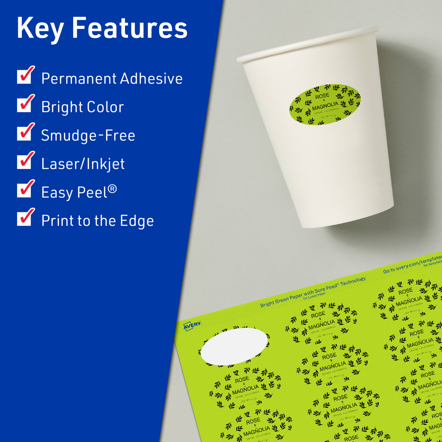 Avery Print-To-The-Edge Labels With Sure Feed Technology And Easy Peel, 94054-BGP10, Oval, 1-1/8in x 2-1/4in, Matte Bright Green, Pack of 210 - Image 3