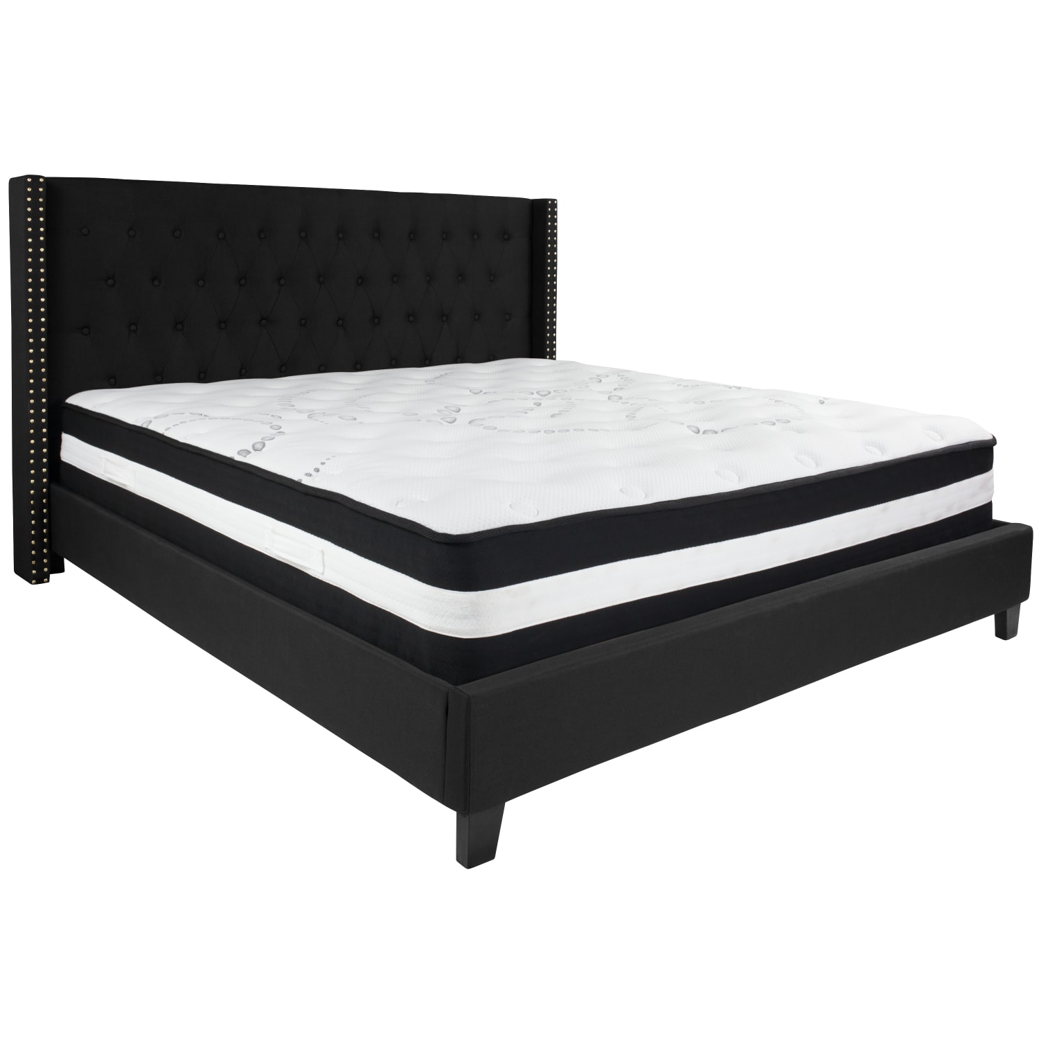 Flash Furniture Riverdale Tufted Upholstered Platform Bed With Accent Nail Trimmed Extended Sides And Pocket Spring Mattress, King, Black - Image 3