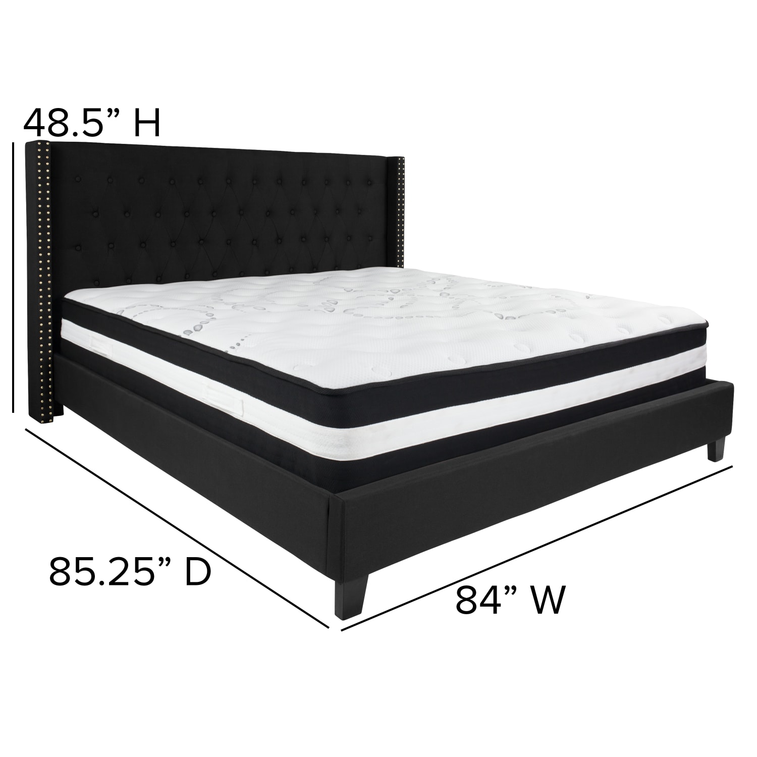 Flash Furniture Riverdale Tufted Upholstered Platform Bed With Accent Nail Trimmed Extended Sides And Pocket Spring Mattress, King, Black - Image 5