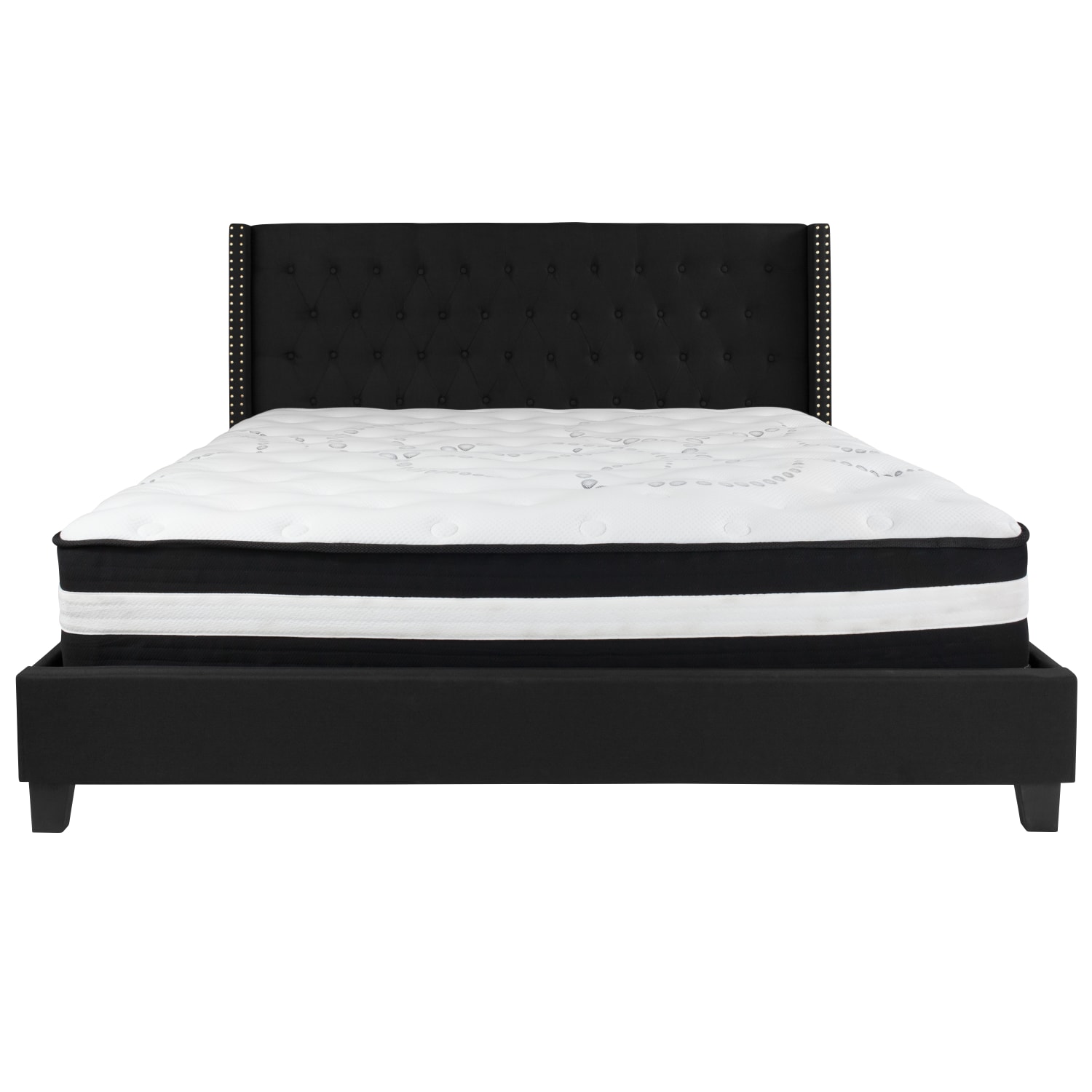 Flash Furniture Riverdale Tufted Upholstered Platform Bed With Accent Nail Trimmed Extended Sides And Pocket Spring Mattress, King, Black - Image 6