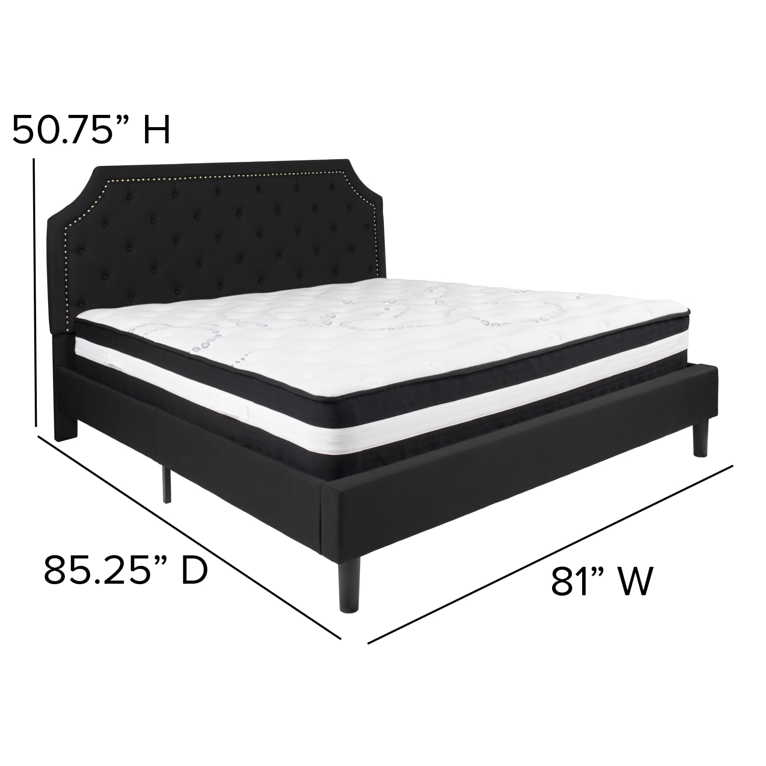 Flash Furniture Brighton Arched Tufted Upholstered Platform Bed And Pocket Spring Mattress, King, Black - Image 5