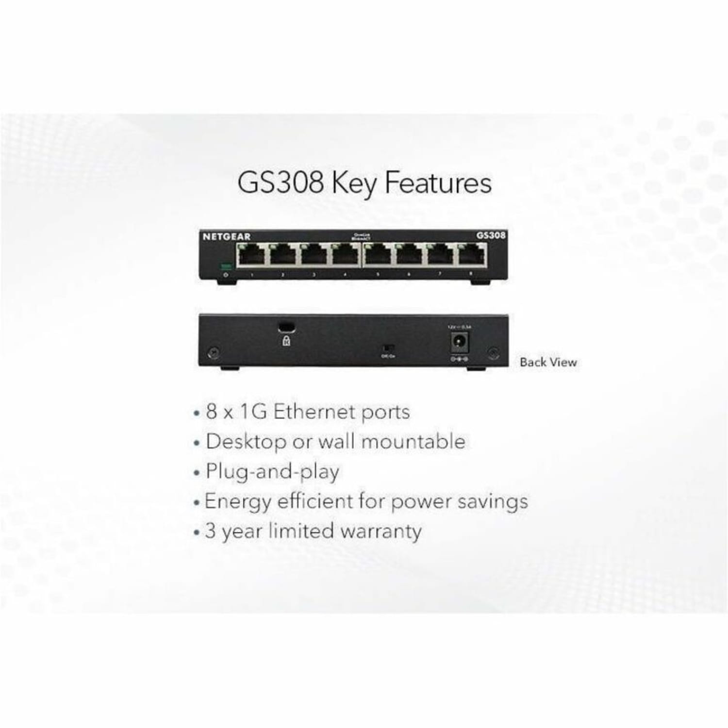 Netgear GS308 Ethernet Switch - 8 Ports - Gigabit Ethernet - 10/100/1000Base-T - 2 Layer Supported - Twisted Pair - GS308300PAS - Image 6