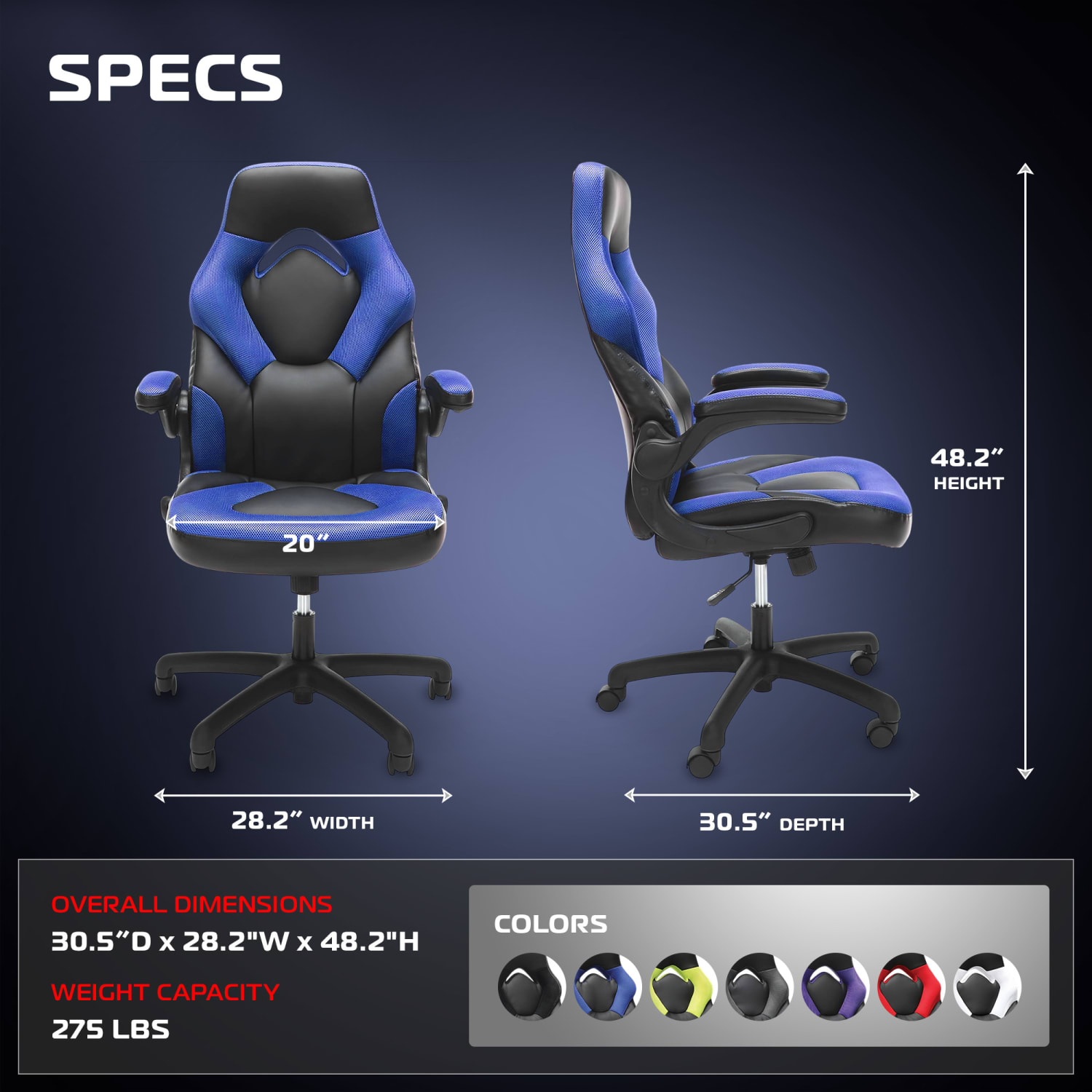 Respawn Racing Style Ergonomic Bonded Leather Computer Gaming Chair, Blue - Image 3