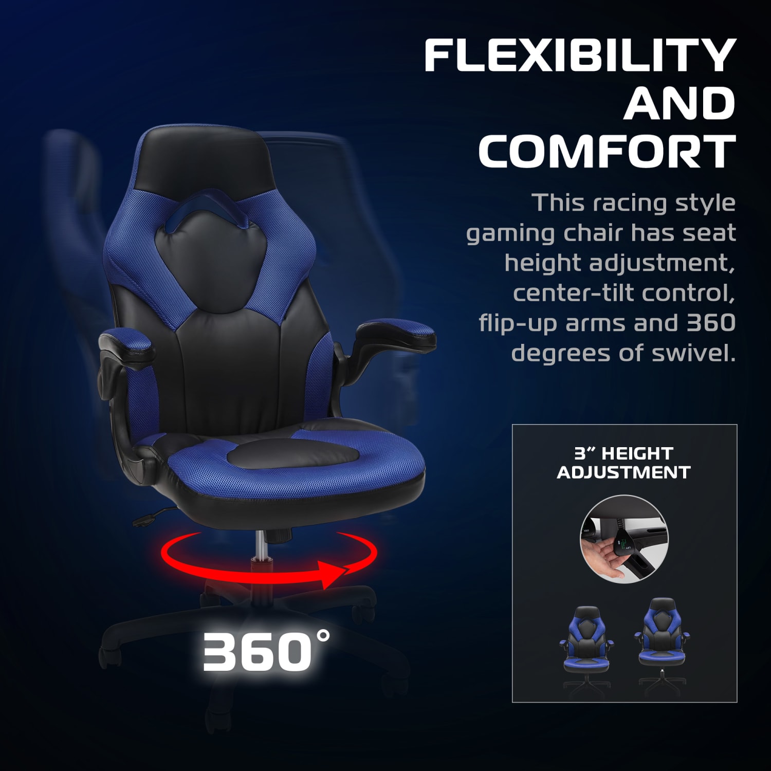 Respawn Racing Style Ergonomic Bonded Leather Computer Gaming Chair, Blue - Image 5