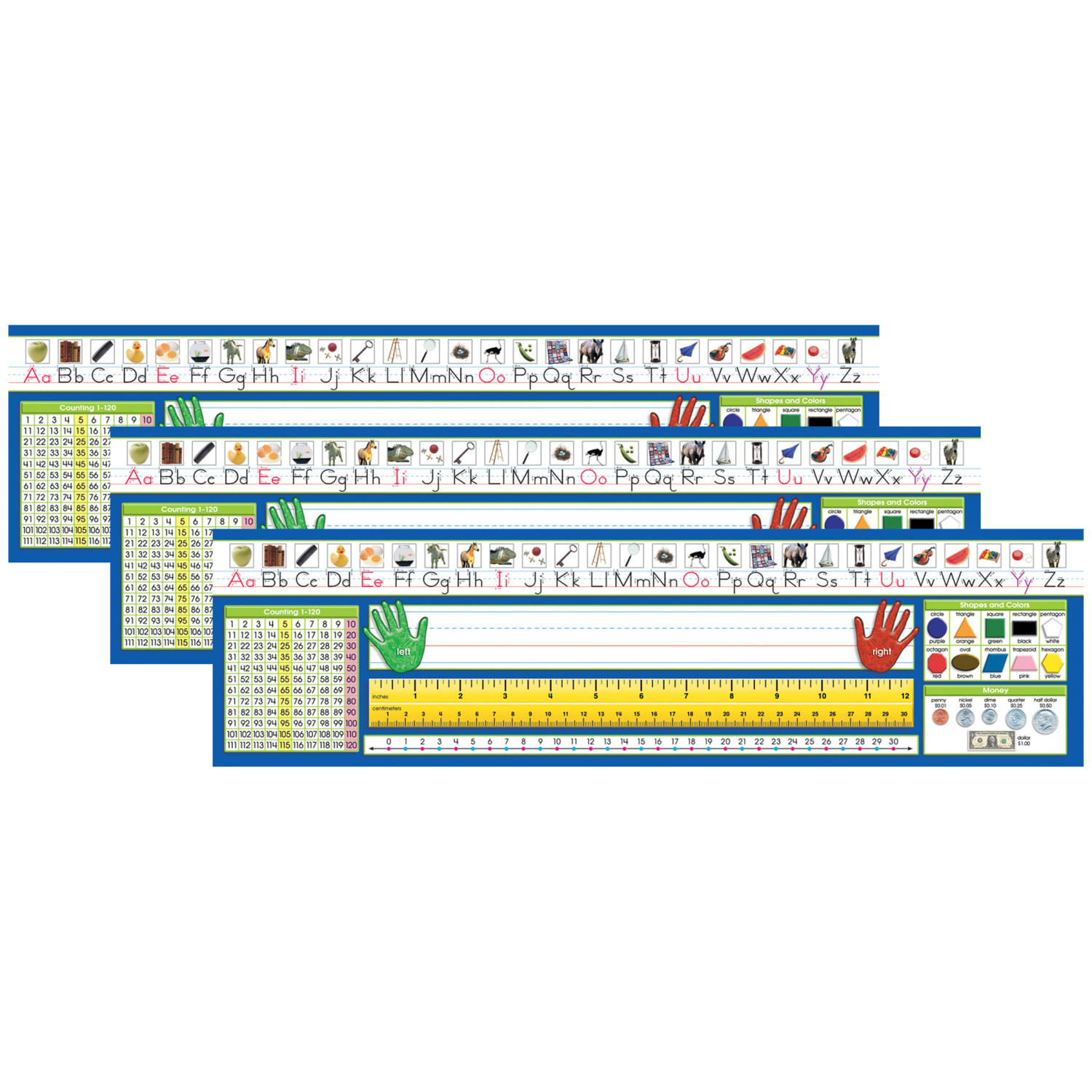 North Primary Traditional Manuscript Counting 1-120 Desk Plates, 5inH x 19inW x 1/32inD, Pack Of 36 Plates, Set Of 3 Packs