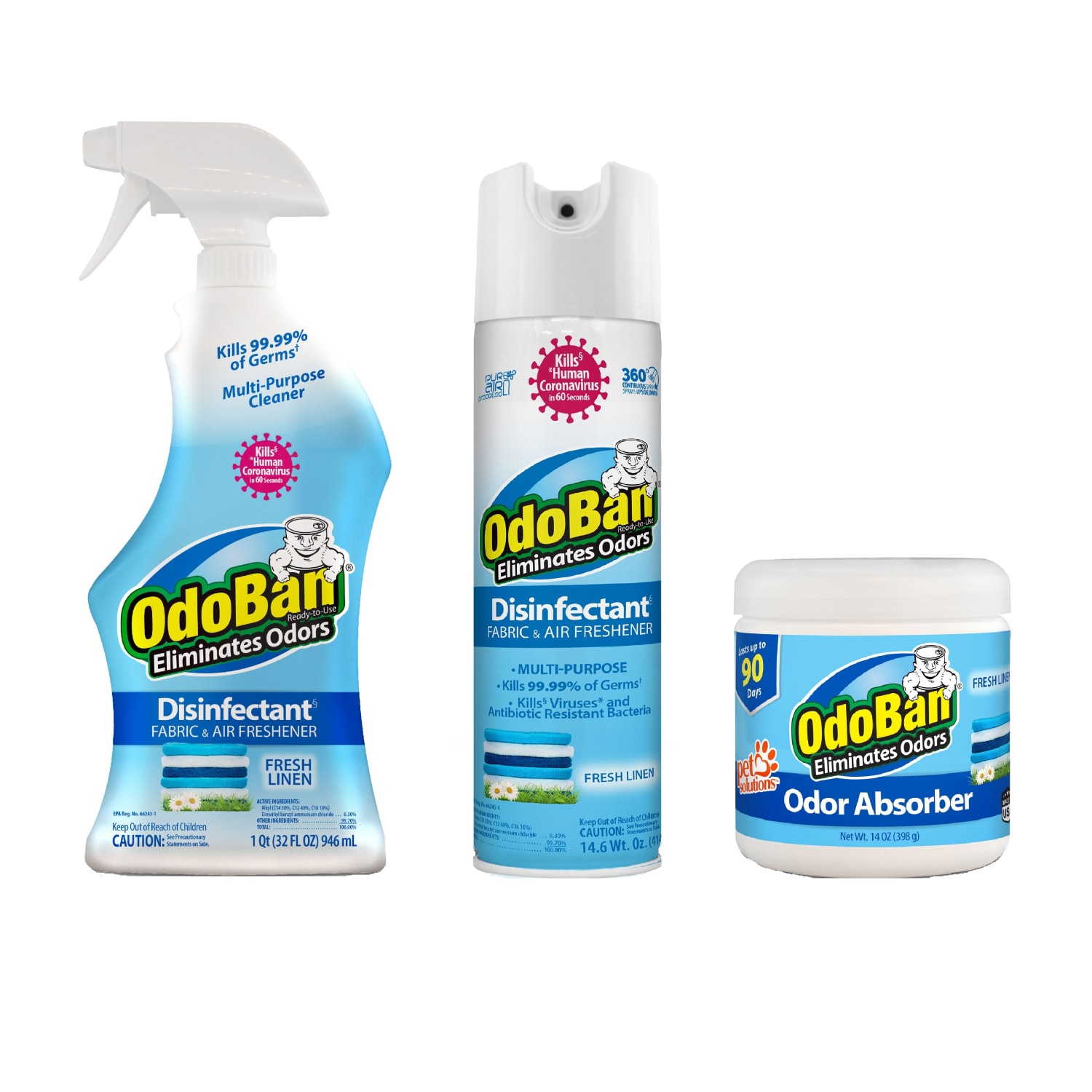 OdoBan Odor Eliminator Disinfectant Spray Assortment And Solid Odor Absorber, Fresh Linen Scent, 60.6 Oz, Pack Of 3 Bottles