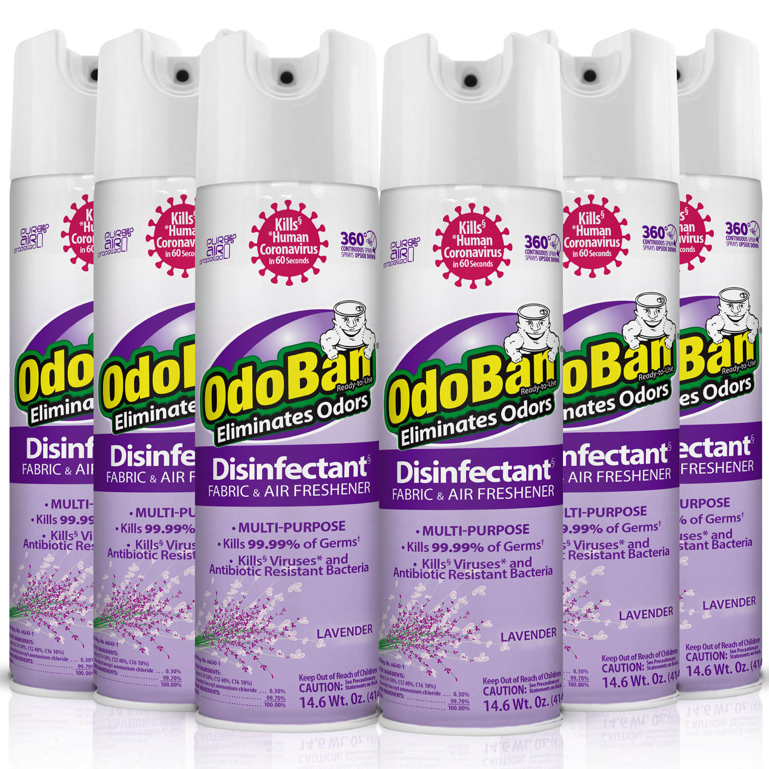 OdoBan Odor Eliminator Disinfectant 360 deg. Spray, Lavender, 14.6 Oz, Pack Of 6 Bottles