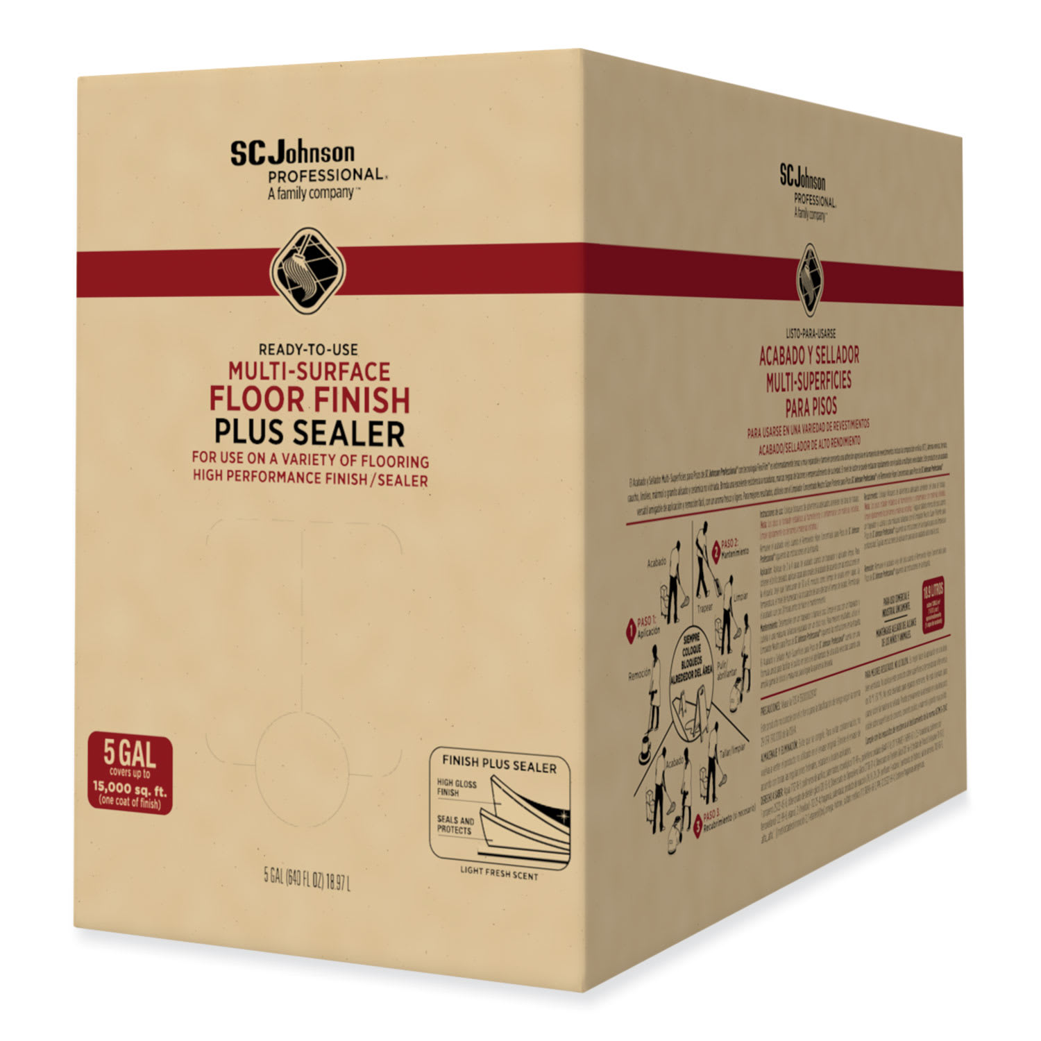 SC Johnson Professional Ready-To-Use Multi-Surface Floor Finish Plus Sealer, Light Fresh Scent, 5 gal Bag-in-Box