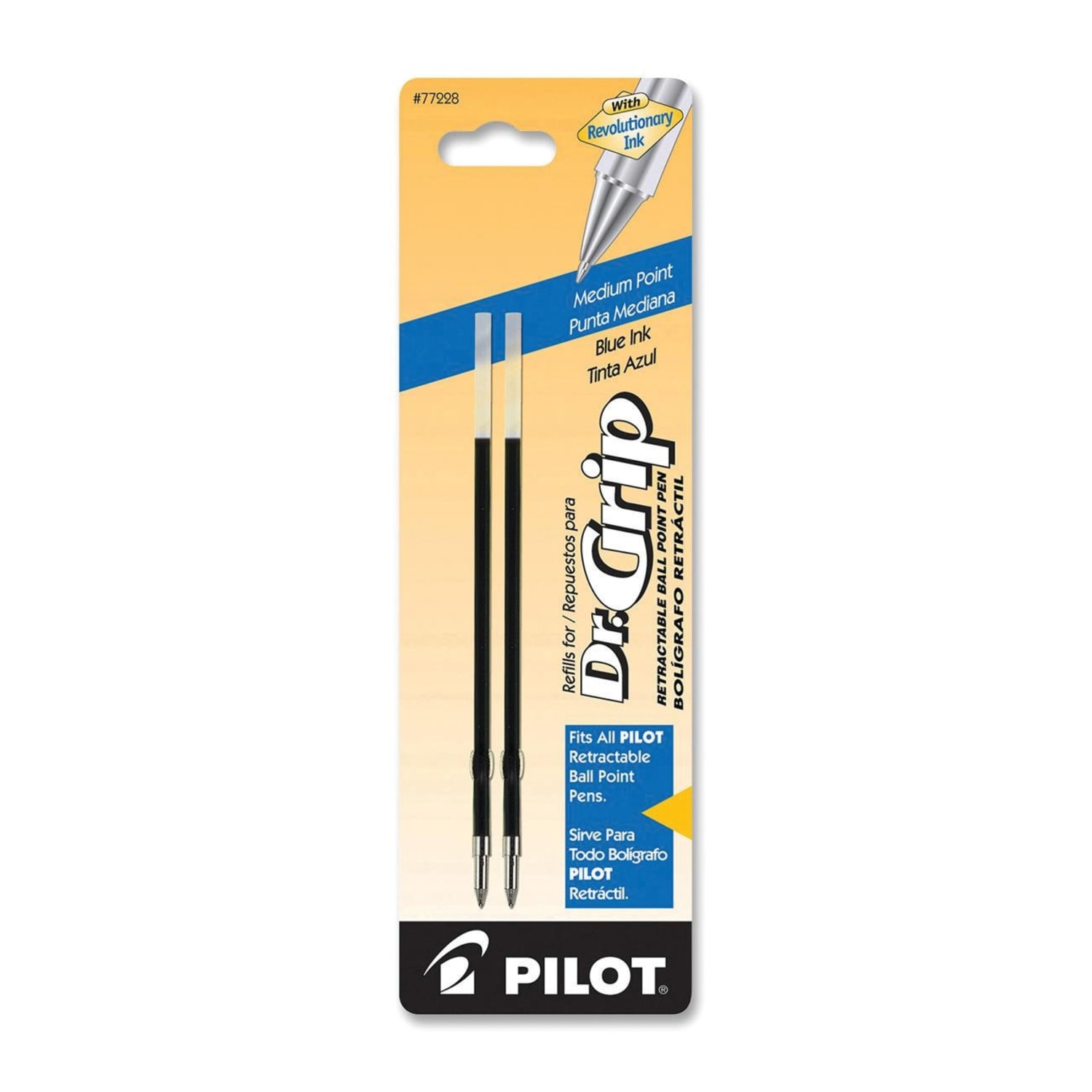 Pilot Ballpoint Pen Refills, Fits Dr. Grip & All Pilot Retractable Ballpoint Pens, Medium Point, 1.0 mm, Blue, Pack Of 2