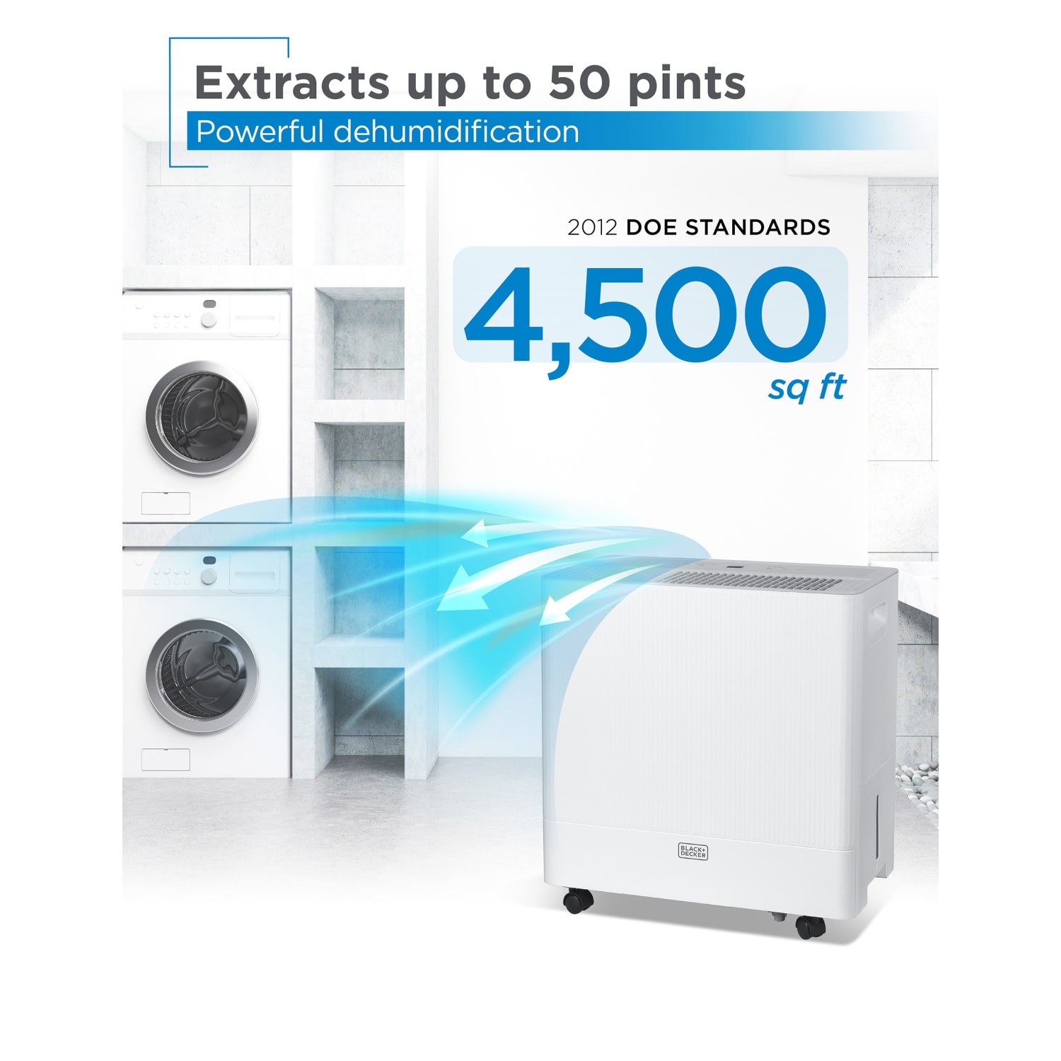 BLACK+DECKER Portable Dehumidifier with Built-In Pump, 50 Pint, Up To 4,500 Sq. Ft. Coverage, 12.68-Pint Bucket, White, Total Quantity 1 - Image 3