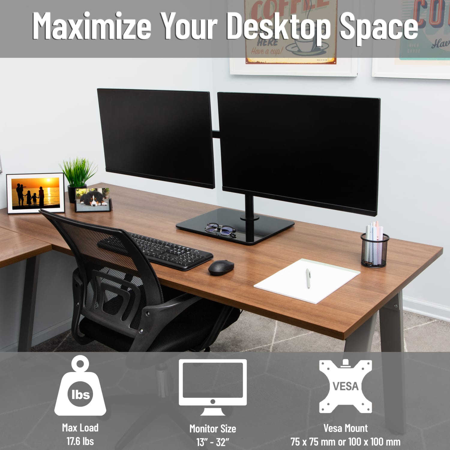 Mind Reader Freestanding Dual-Monitor Desk Mount, For 13 - 32in Screens, Black, Total Quantity 1 - Image 3