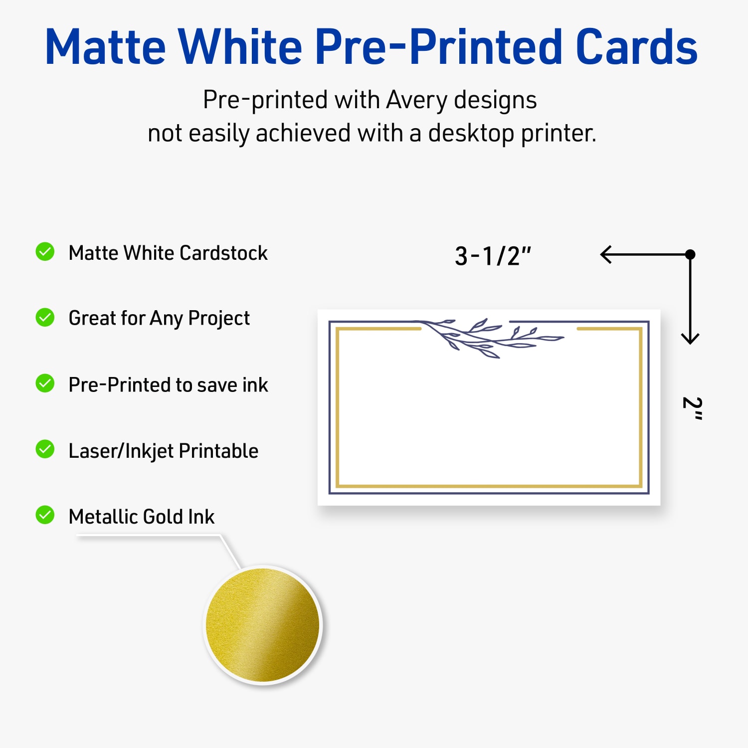 Avery Printable Cards With Sure Feed Technology, 2in x 3-1/2in, Matte White With Floral Gold/Navy Border, Pack Of 80 - Image 4
