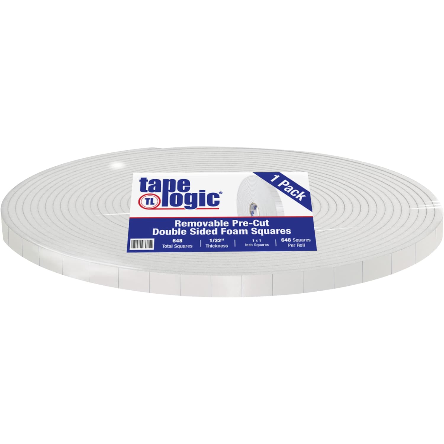 Tape Logic Removable Double-Sided Foam Squares, 3in Core, 1in x 1in, White, Roll Of 648