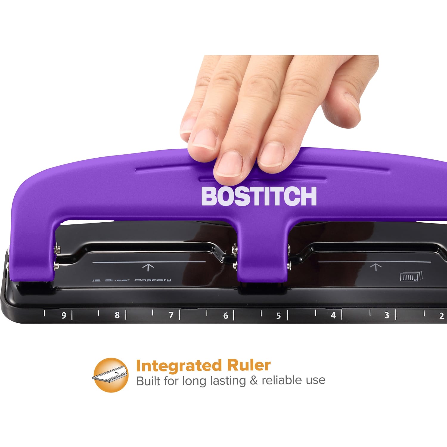 Bostitch EZ Squeeze Three-Hole Punch, 12 Sheet Capacity, Purple - Image 5