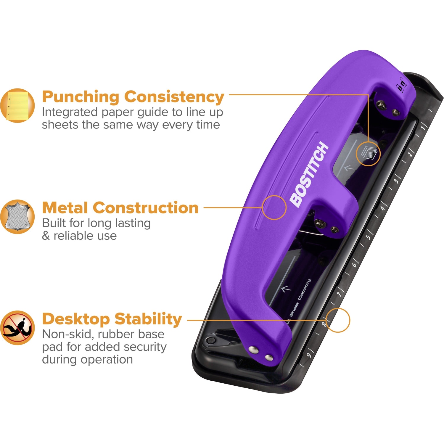 Bostitch EZ Squeeze Three-Hole Punch, 12 Sheet Capacity, Purple - Image 6