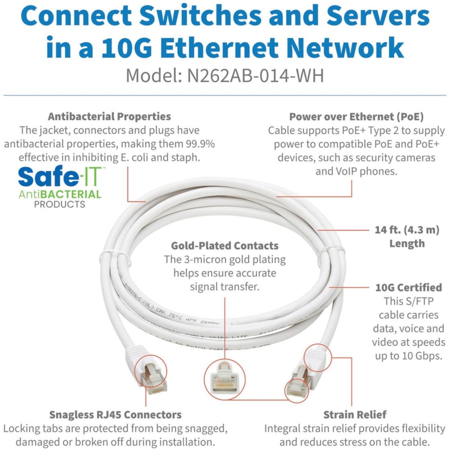 Tripp Lite N262AB-014-WH Cat.6A S/FTP Network Cable - 14 ft  - 10 Gbit/s - Shielding - Gold Plated Contact - CMX - 26 AWG - White - Image 3