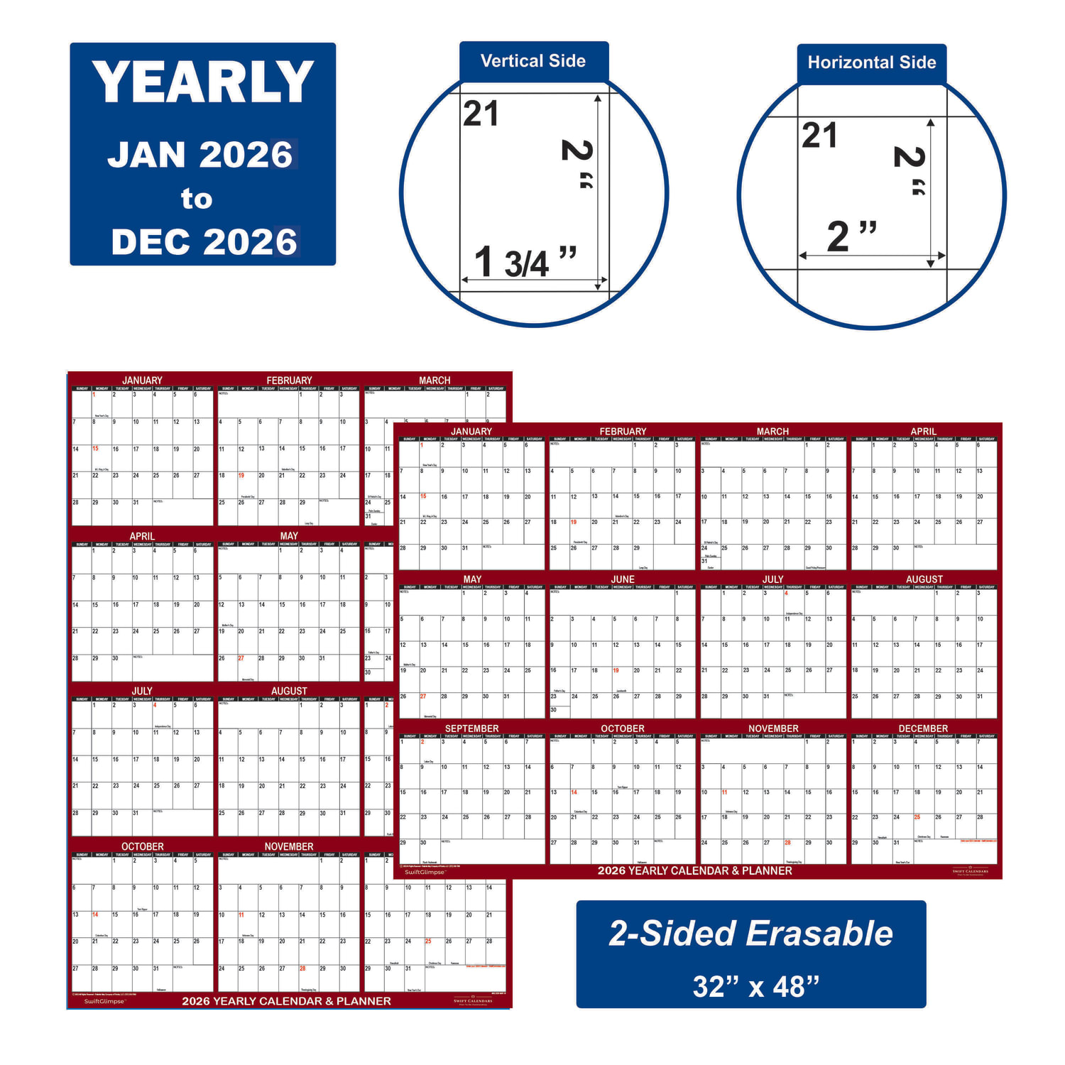2026 SwiftGlimpse Yearly Reversible Erasable Wall Calendar, 32in x 48in, White/Maroon, January To December - Image 3