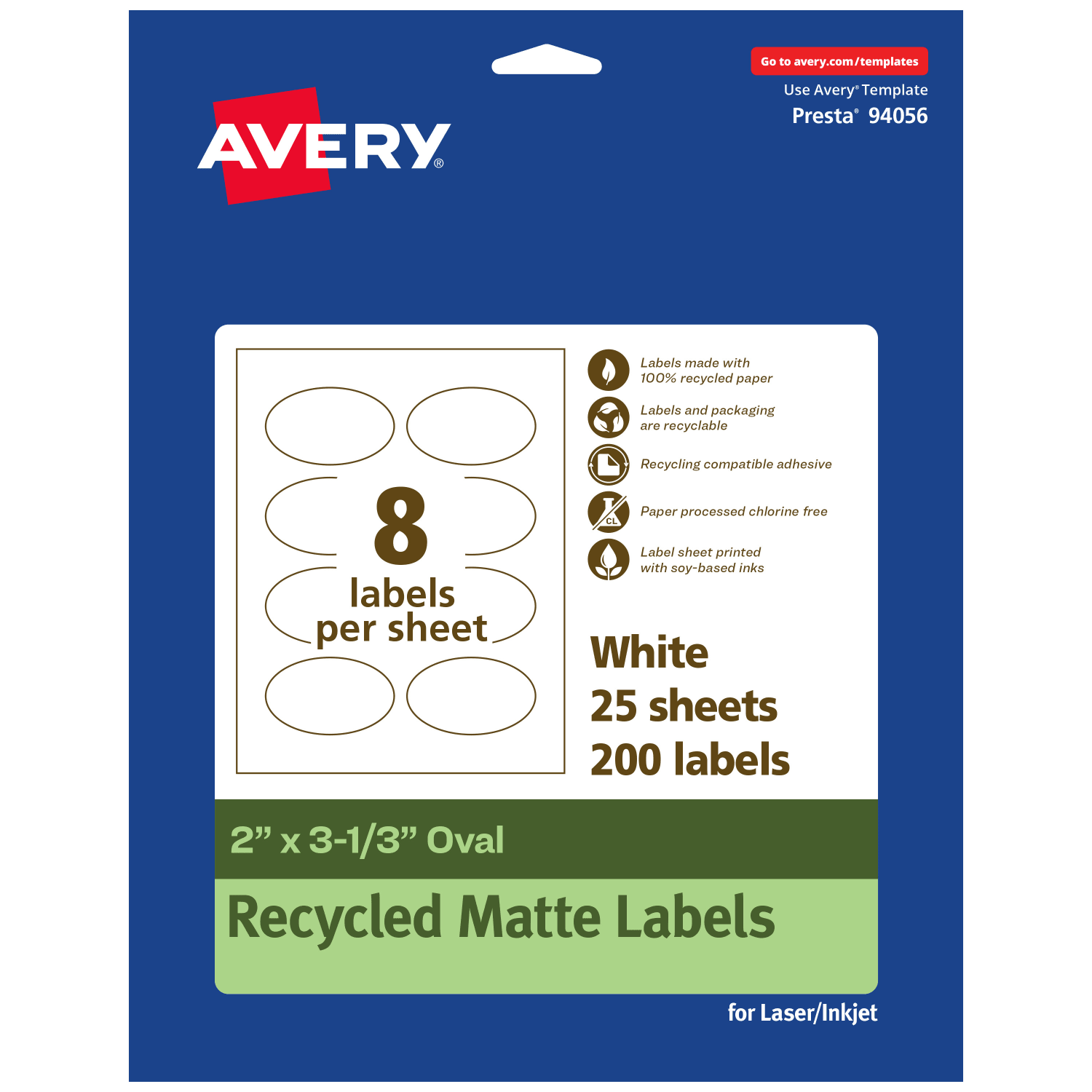 Avery Recycled Paper Labels, 94056-EWMP25, Oval, 2in x 3-1/3in, White, Pack Of 200