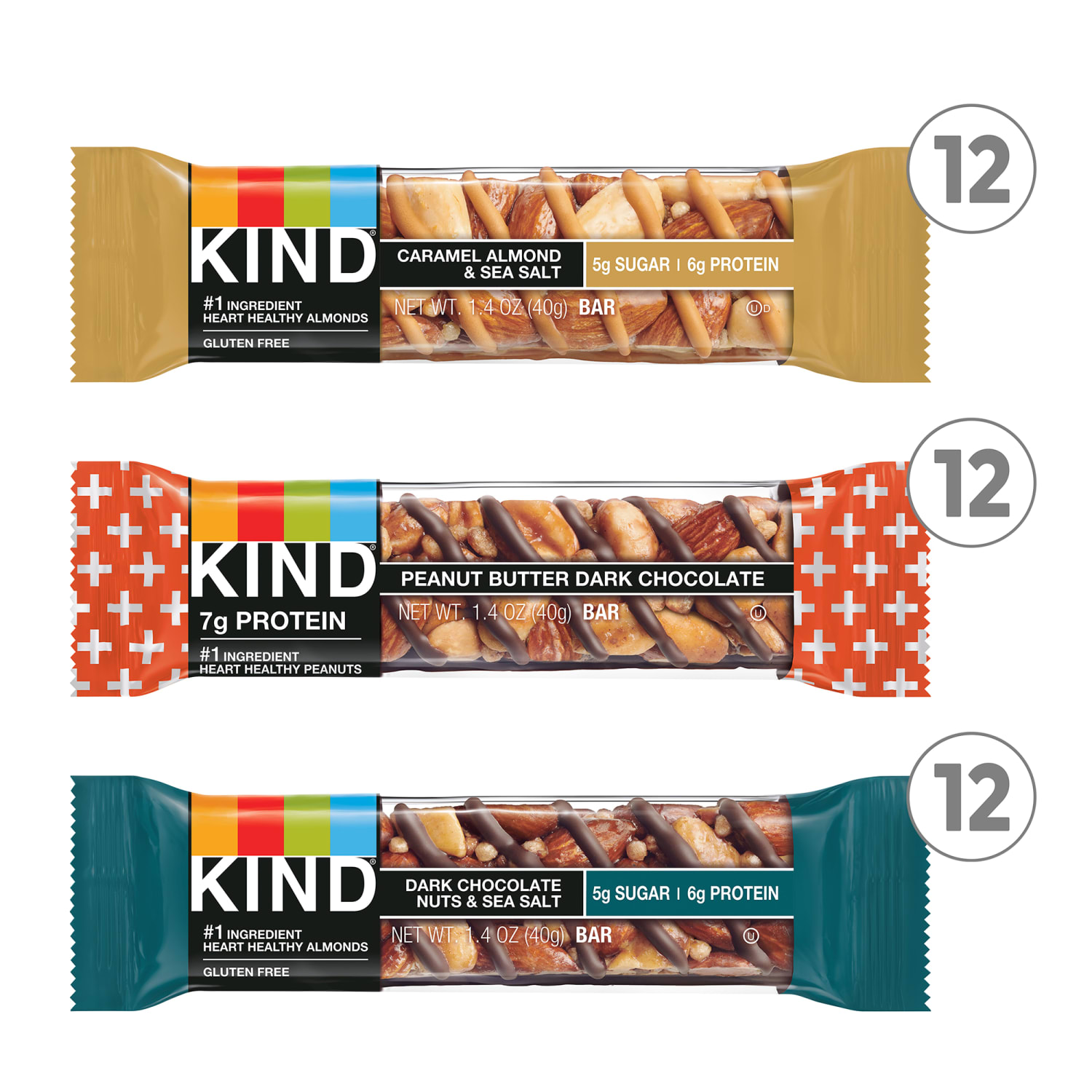 KIND Bars Variety Pack, Dark Chocolate Nuts & Sea Salt/Peanut Butter Dark Chocolate/Caramel Almond Sea Salt, 1.4 Oz, Pack Of 36 Bars - Image 3