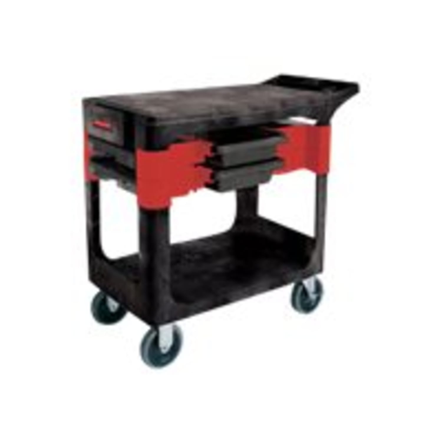 Rubbermaid Commercial Two-Shelf Trades Cart, Plastic, 2 Shelves, 2 Drawers, 330 lb Capacity, 19.25in x 38in x 33.38in, Black - Image 3