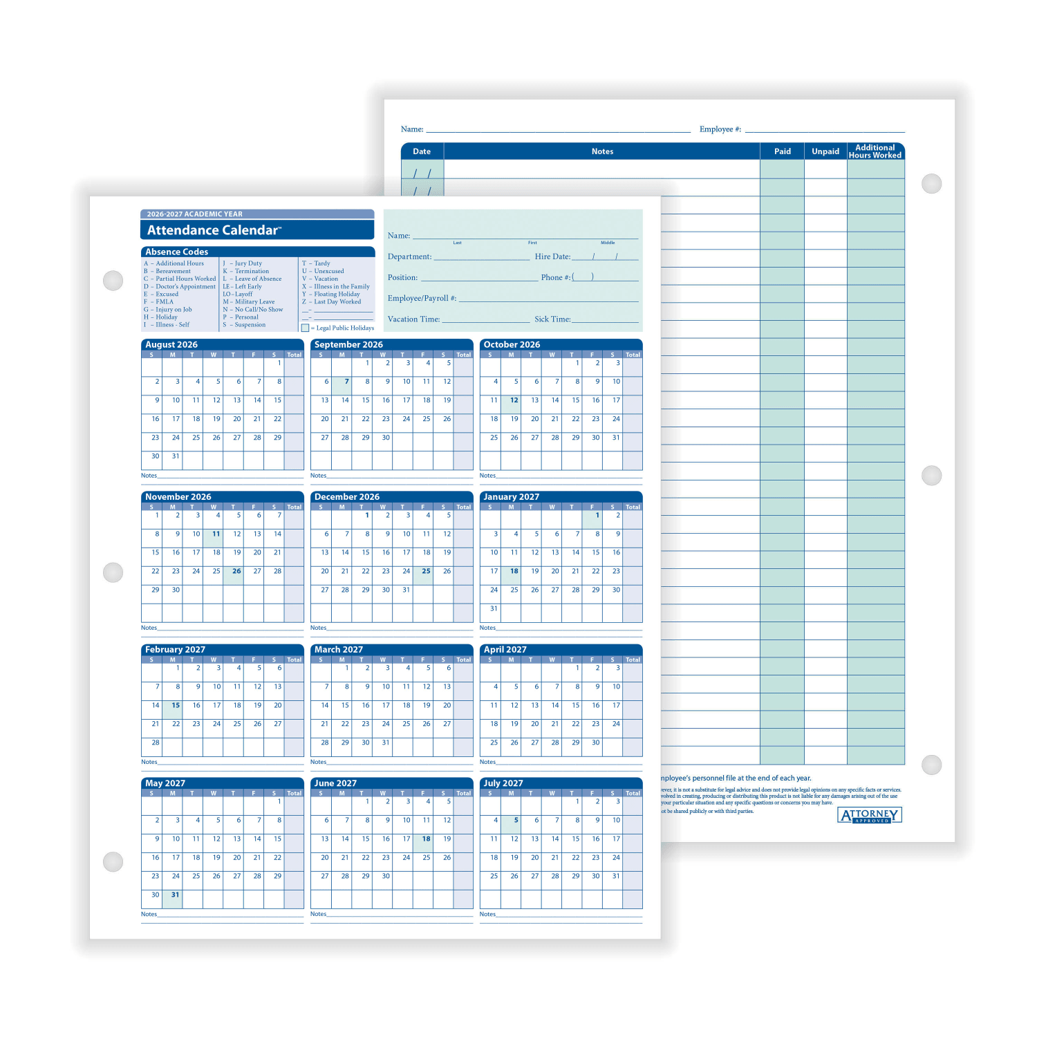ComplyRight 2025-2026 Academic Attendance Calendar, 8 1/2in x 11in, Pack Of 50